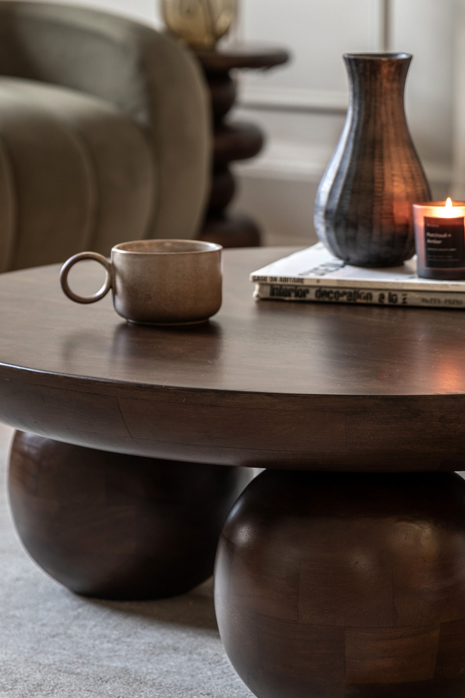 Mango Wood Round Coffee Table - Dark Wood - 5