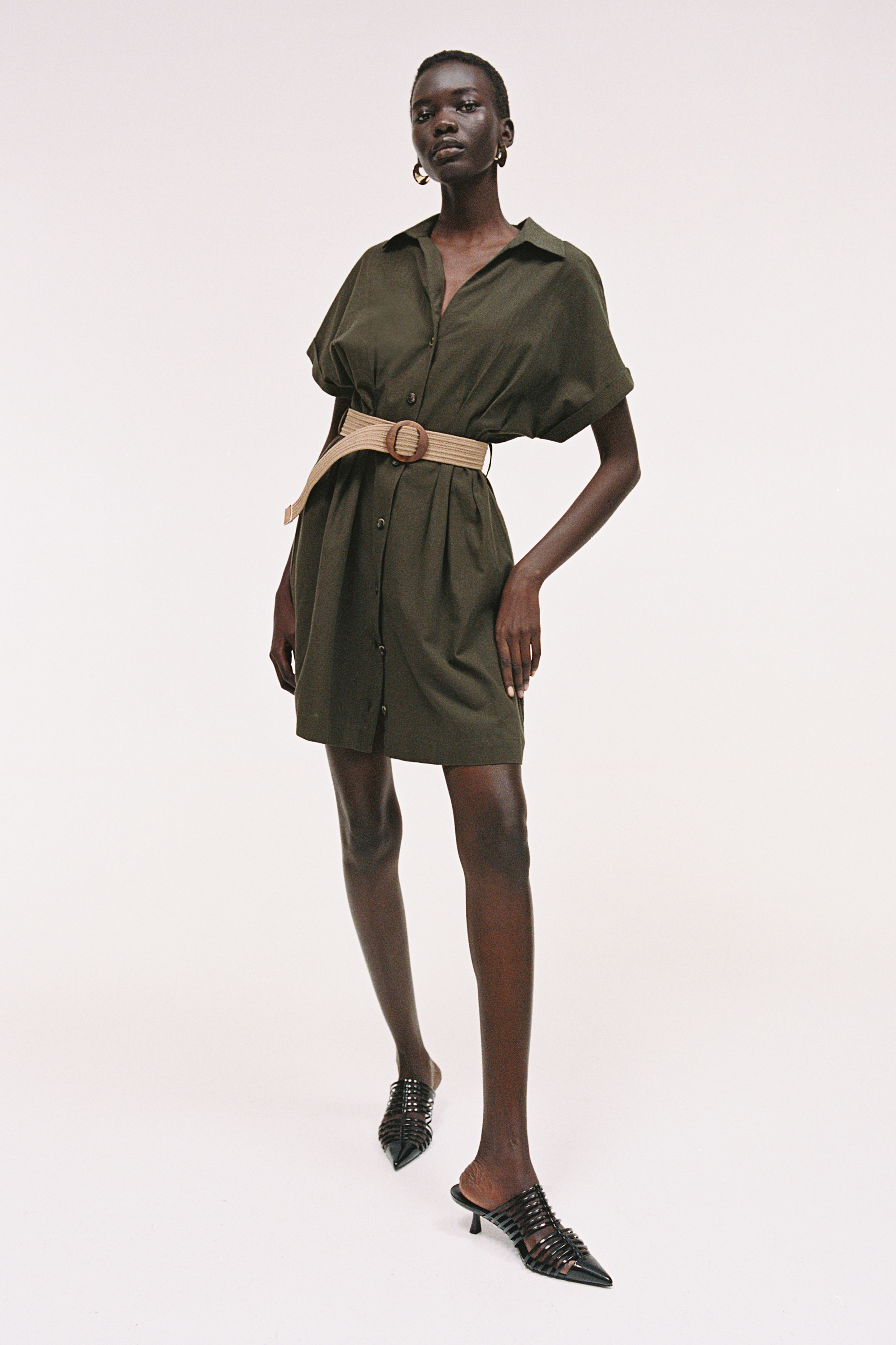 Shirt Dress with Belt Dark khaki green Ladies H M US