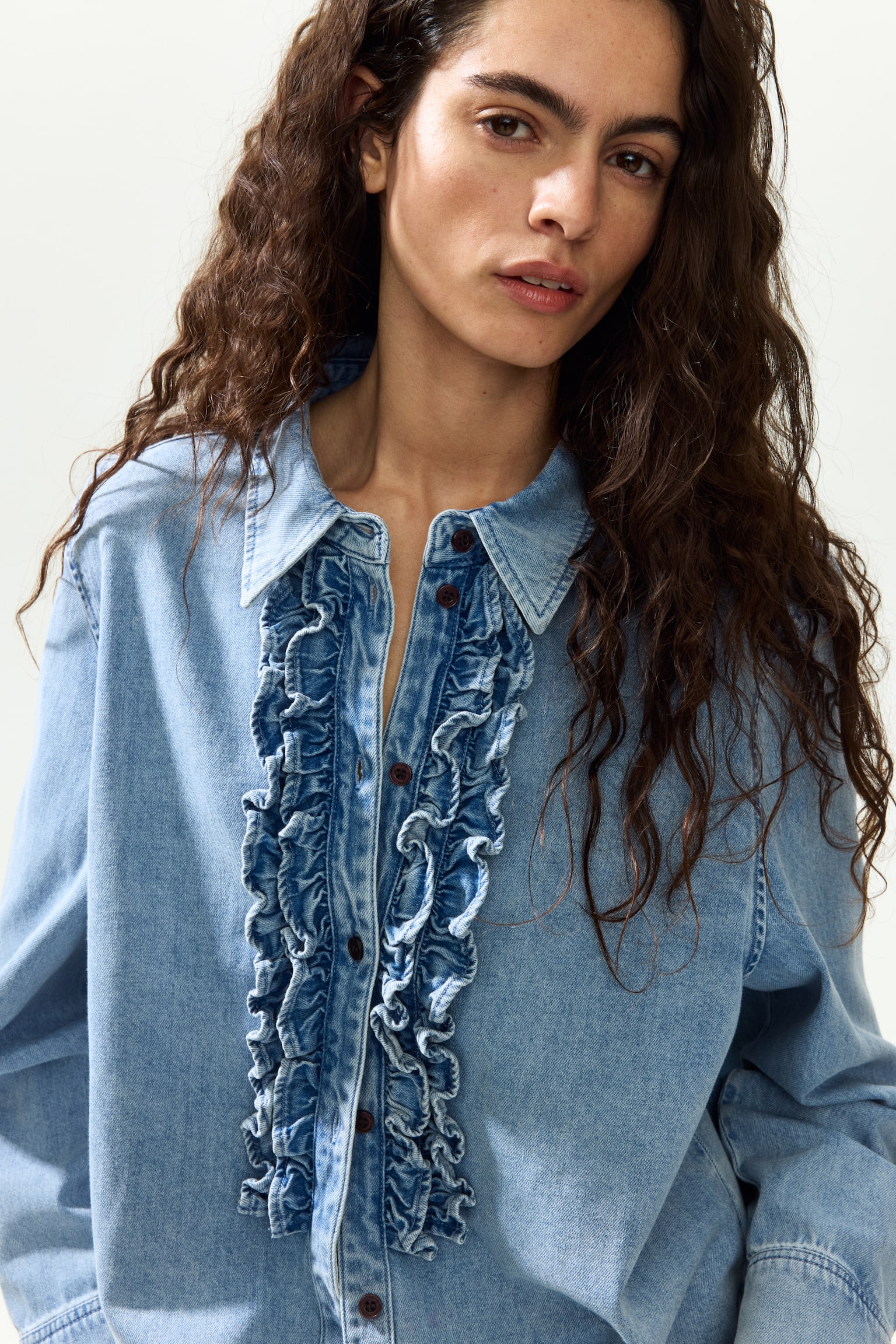 Frill-trimmed denim shirt - Denim blue - 5