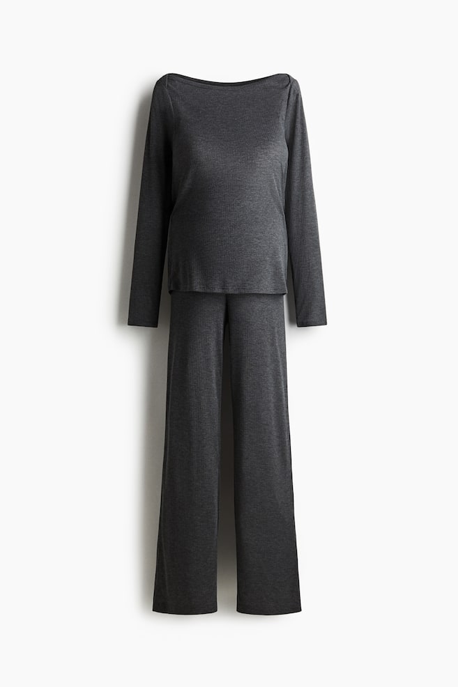 MAMA 2-piece ribbed set - Dark grey marl/Dark brown - 1
