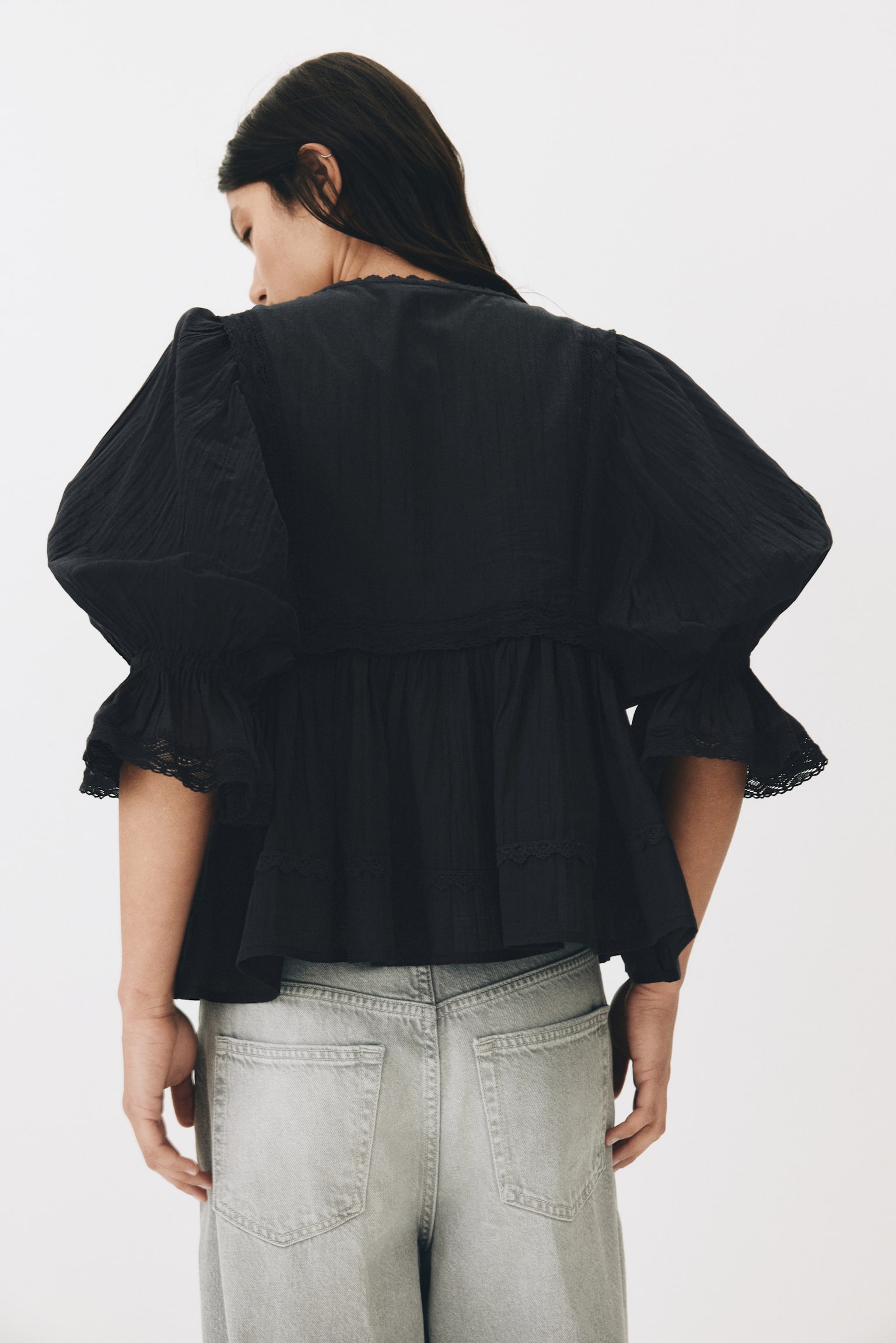 Lace-trimmed cotton blouse - Black/Pink/White - 4