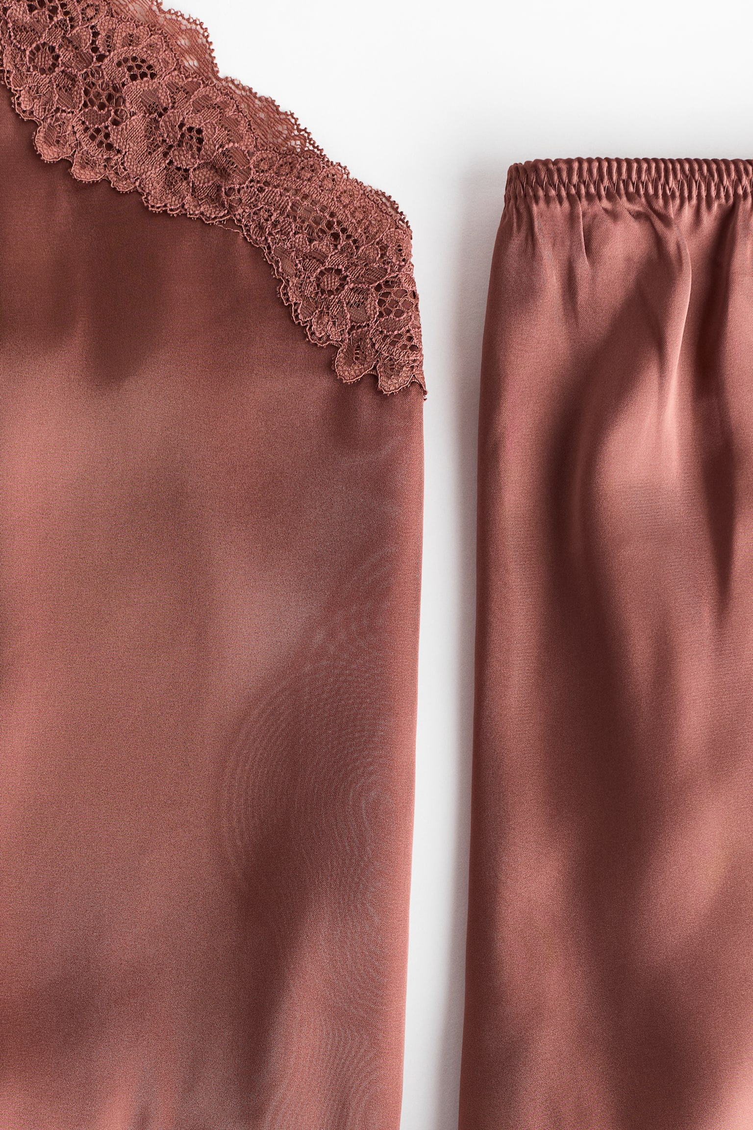 פיג'מת סאטן עם תחרה - ורוד מאובק כהה/בז' בהיר - 3