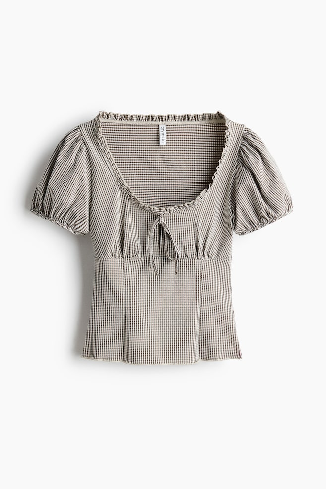 Puff-Sleeved Tie-Detail Blouse - Dark taupe/white checked - 1