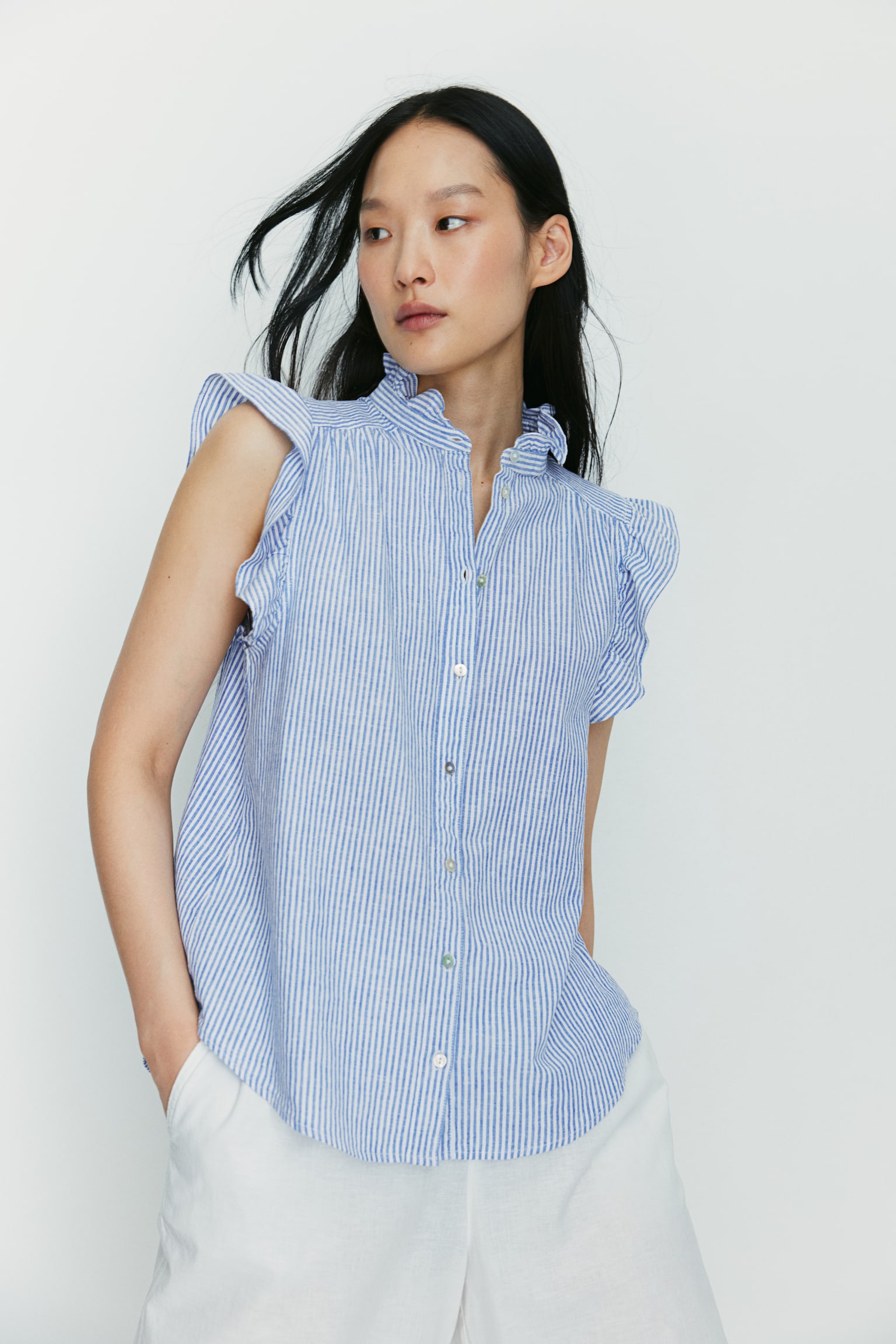 Linen Blend Blouse - Blue/Stripe/Light blue/Black/White - 6