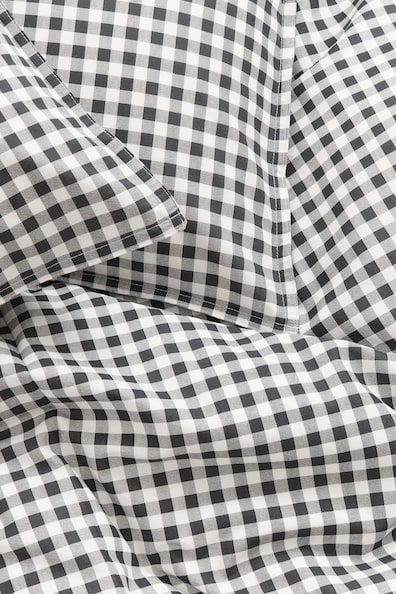 Patterned double/king size duvet cover set - Dark grey/Gingham checked ...