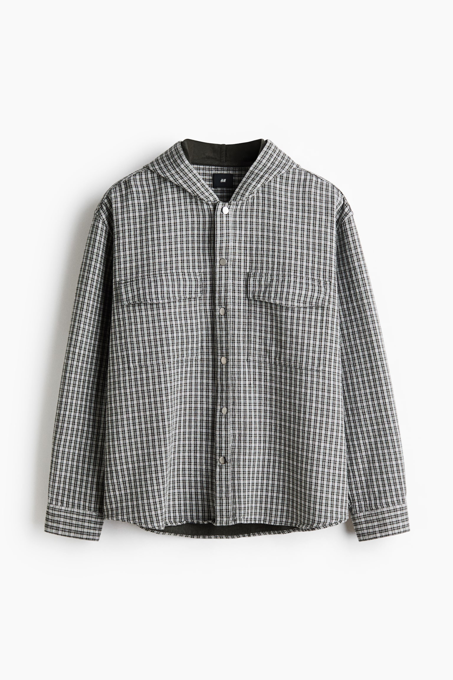 Hooded cotton overshirt - Black/Checked
