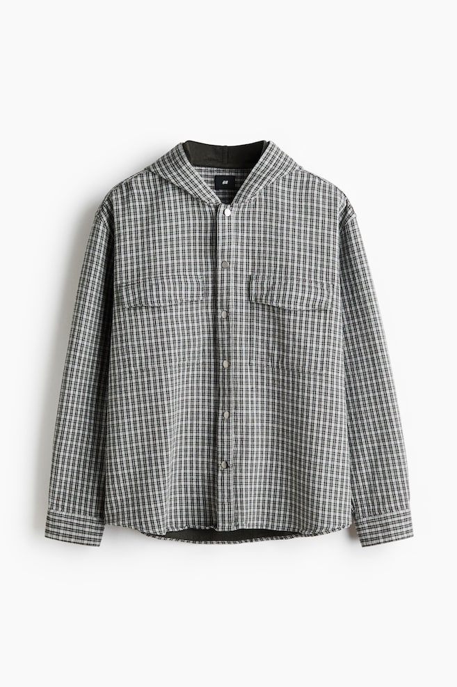 Hooded cotton overshirt - Black/Checked - 1
