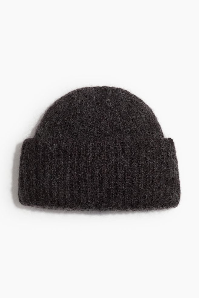 A dark gray rib-knit beanie is displayed as FRONT, featuring a soft, fuzzy mohair and wool blend texture and a wide, double turn-up at the hem. - 1