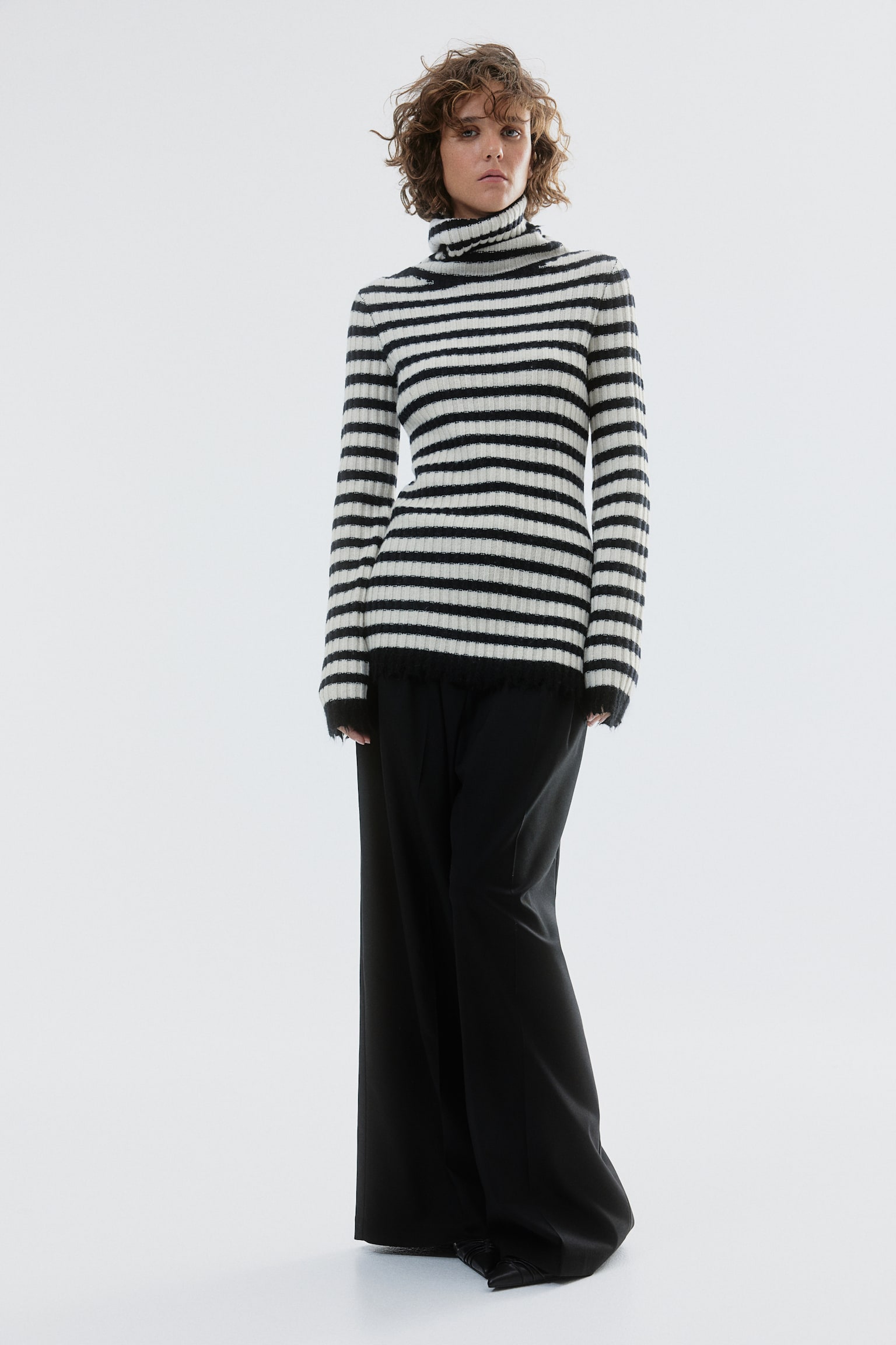 Rib-knit polo-neck wool jumper - White/Black striped - 7