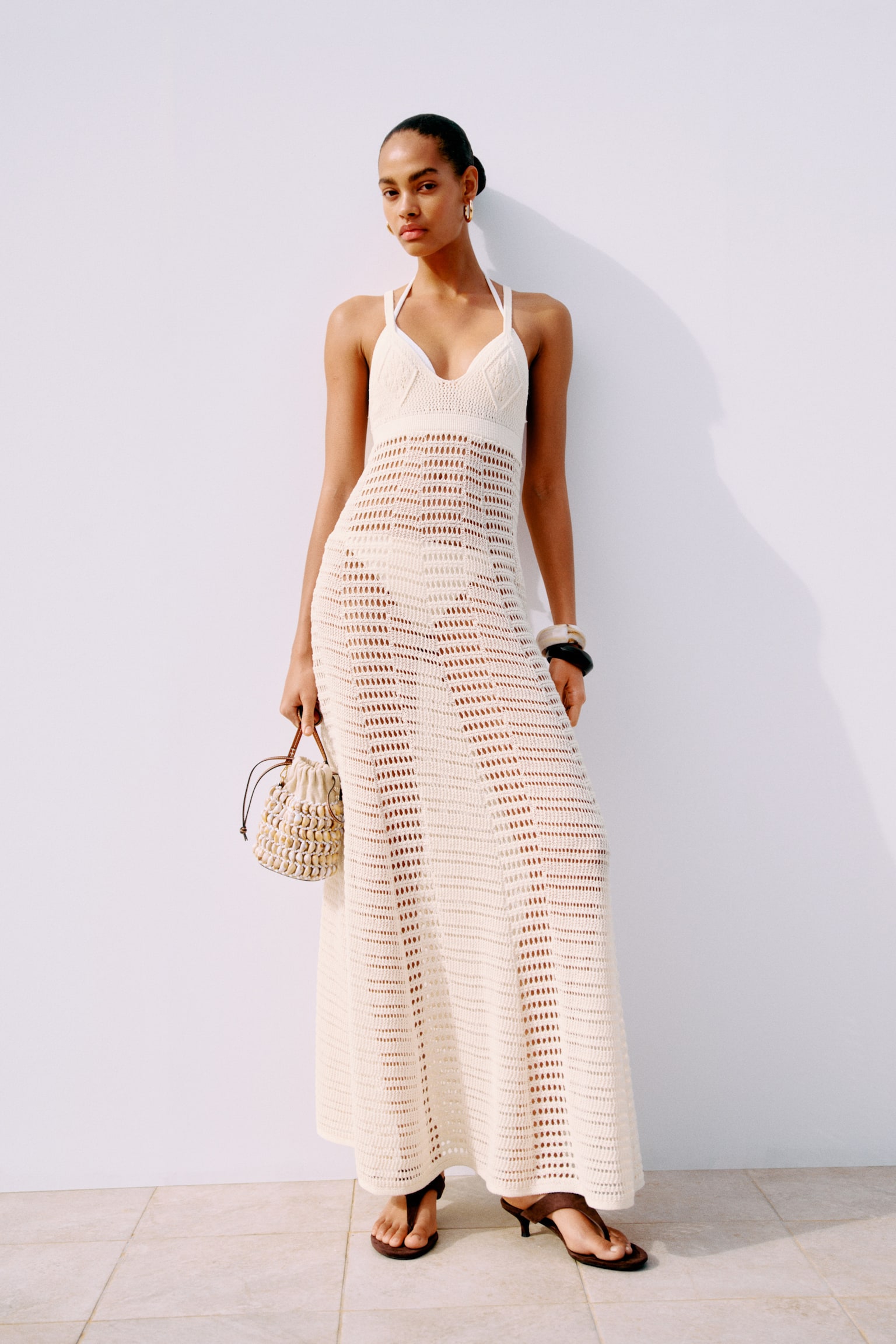 Crochet-look maxi dress - Cream/Dark khaki green - 1