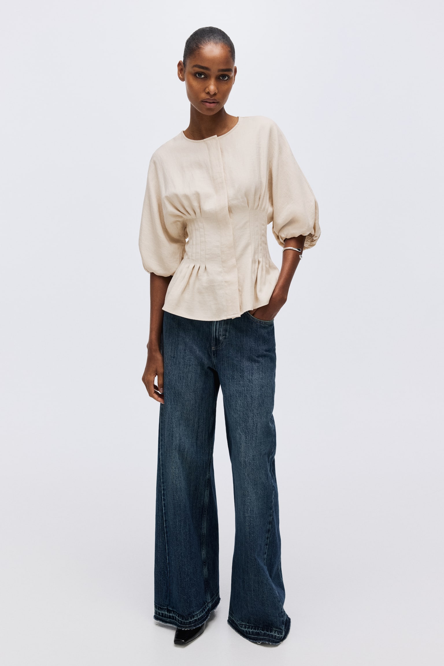 Waisted blouse - Light beige/Black - 6