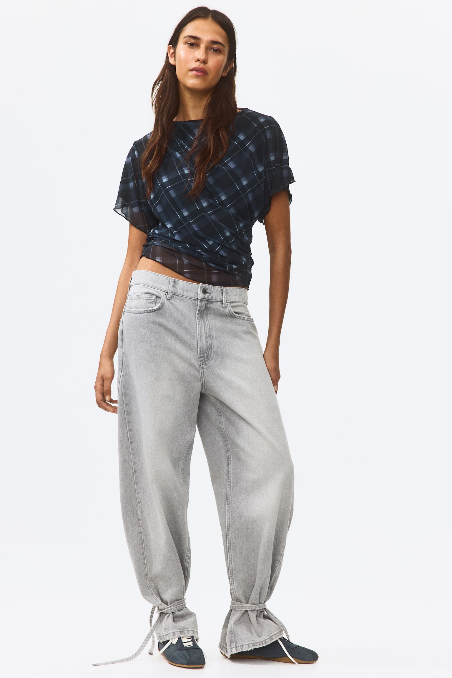 Draped mesh top - Navy blue/Checked/Light dusty blue/Cream/Checked - 1
