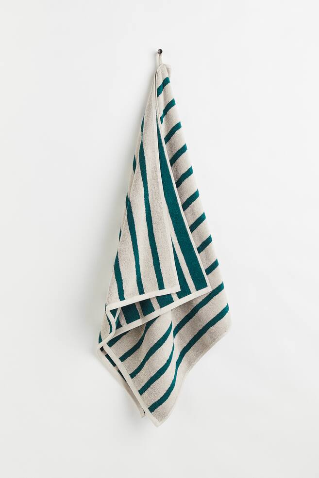 Badehåndklæde i bomuldsfrotté - Mørkegrøn/Stribet - 1