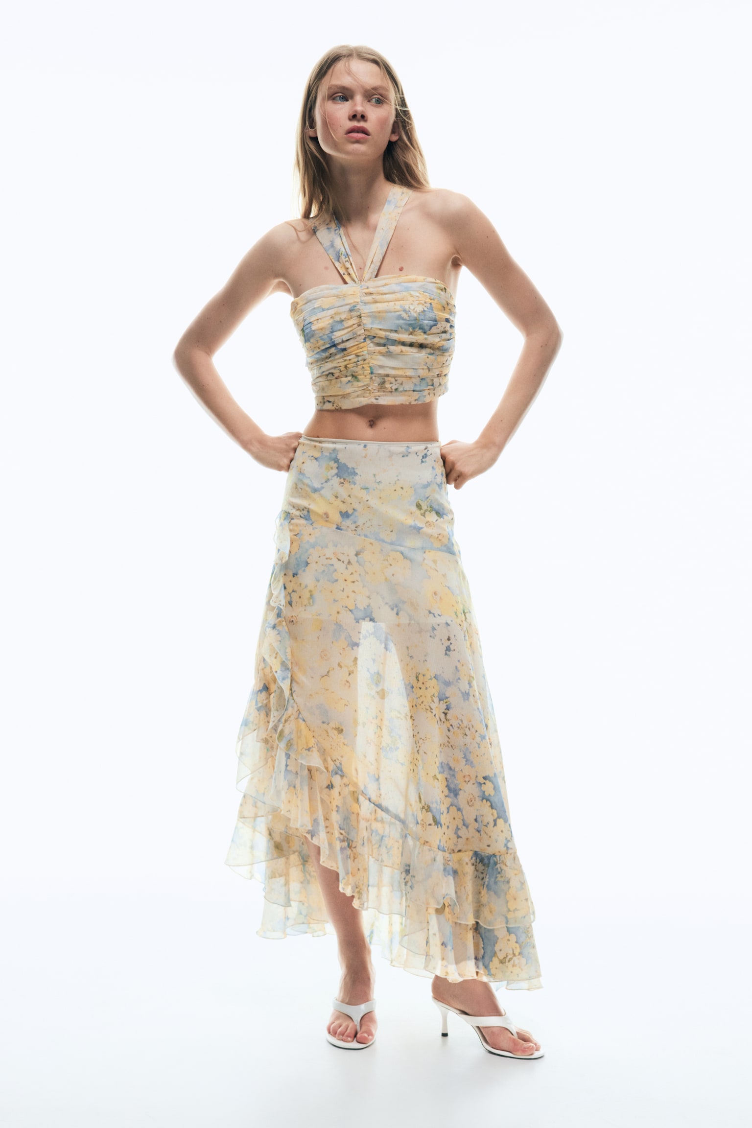 Flounce-trimmed skirt - Light yellow/Floral - 4