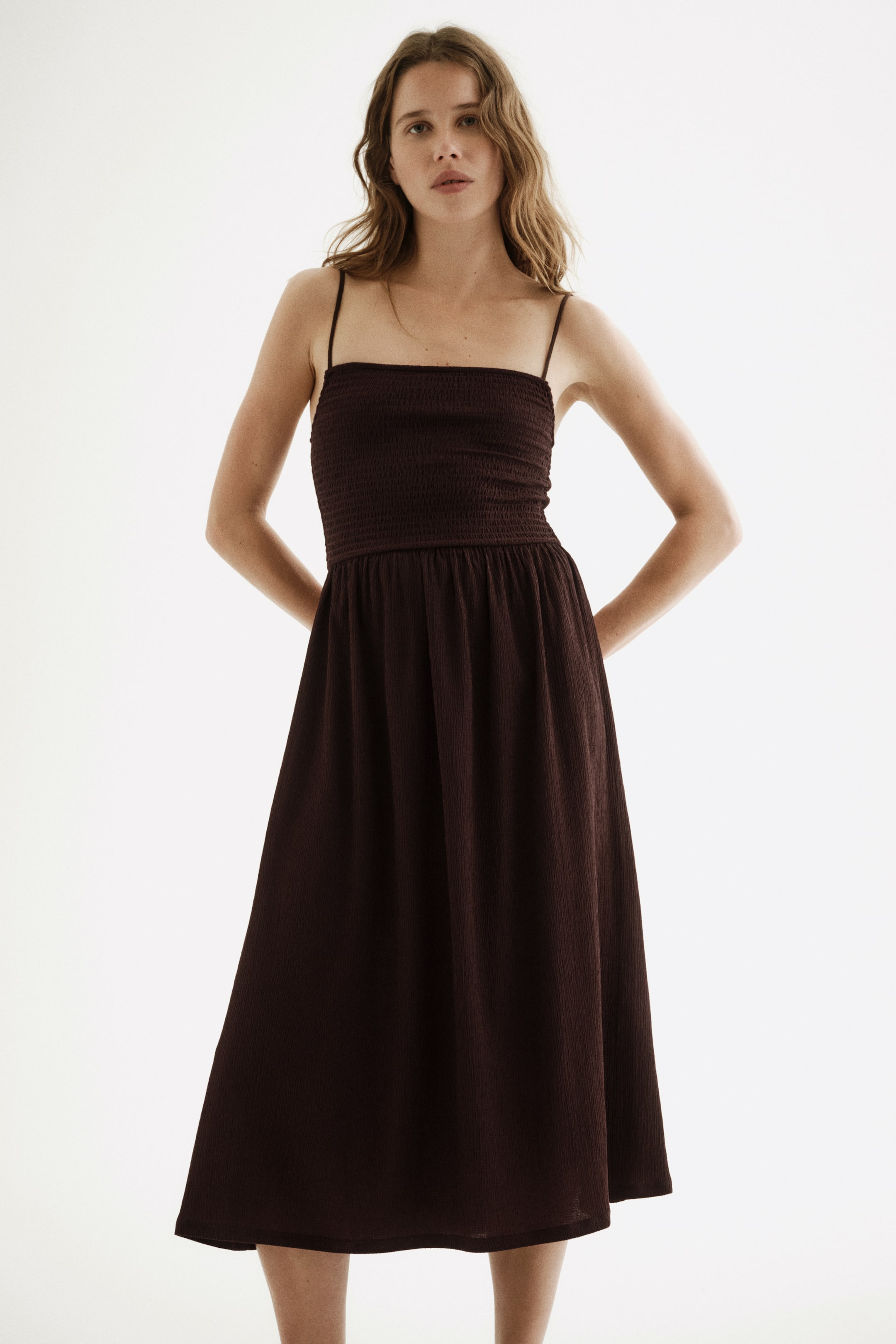 Women's Dark brown Smocked Strappy Dress | H&M US