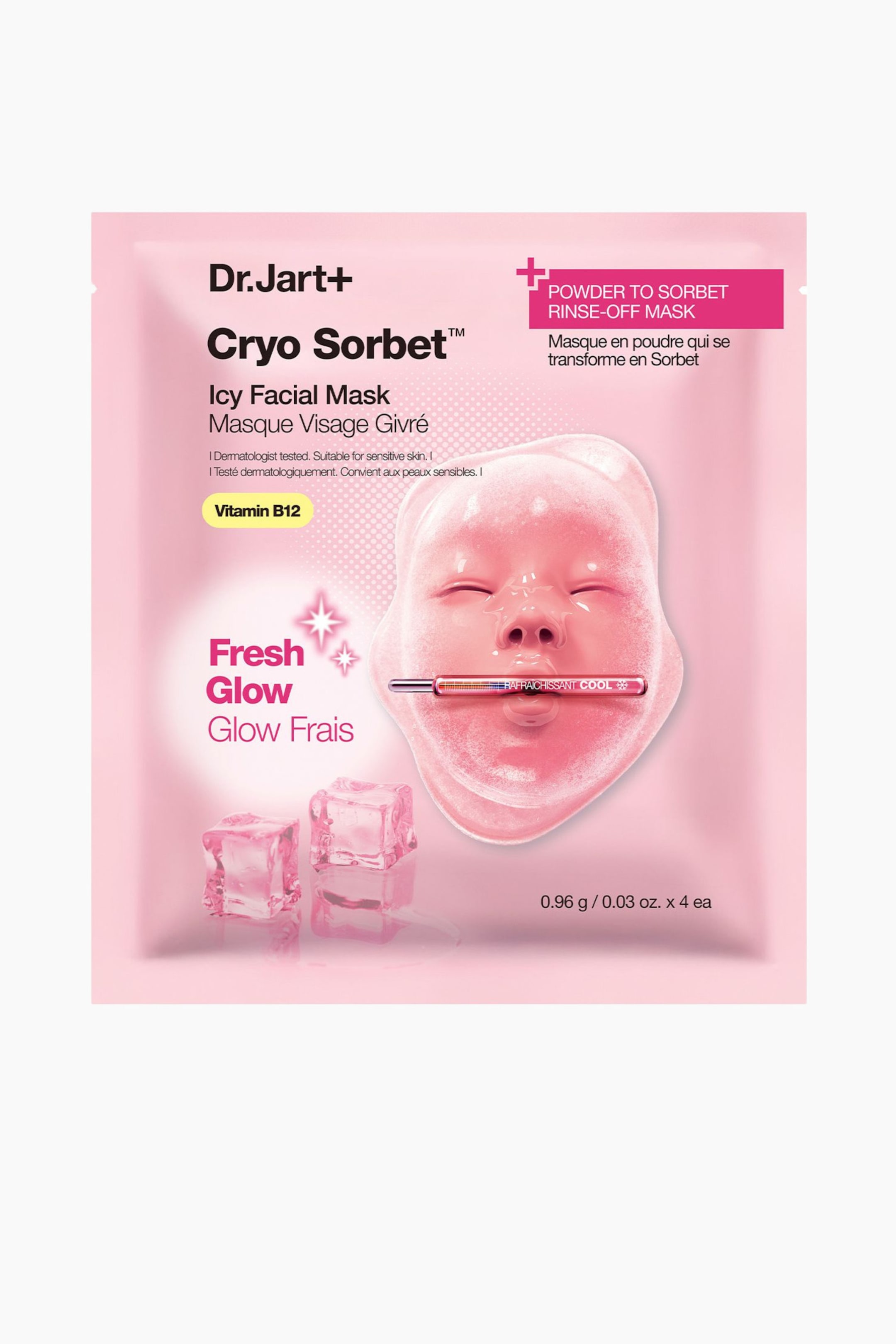 Vis større bilde: Dr. Jart+ Cryo Sorbet Icy Facial Mask emballasjen er en rektangulær, lys rosa foliepakke. Forsiden viser produktnavnet og en gjennomsiktig, rosa, ansiktsformet maske som ligner på sorbet, med et fargerikt termometerlignende verktøy plassert i munnen. To rosa isbiter vises nedenfor, og teksten indikerer "Pulver til Sorbet Avskyllingsmaske", "Vitamin B12" og mengden "0,96 g / 0,03 oz. x 4 stk."