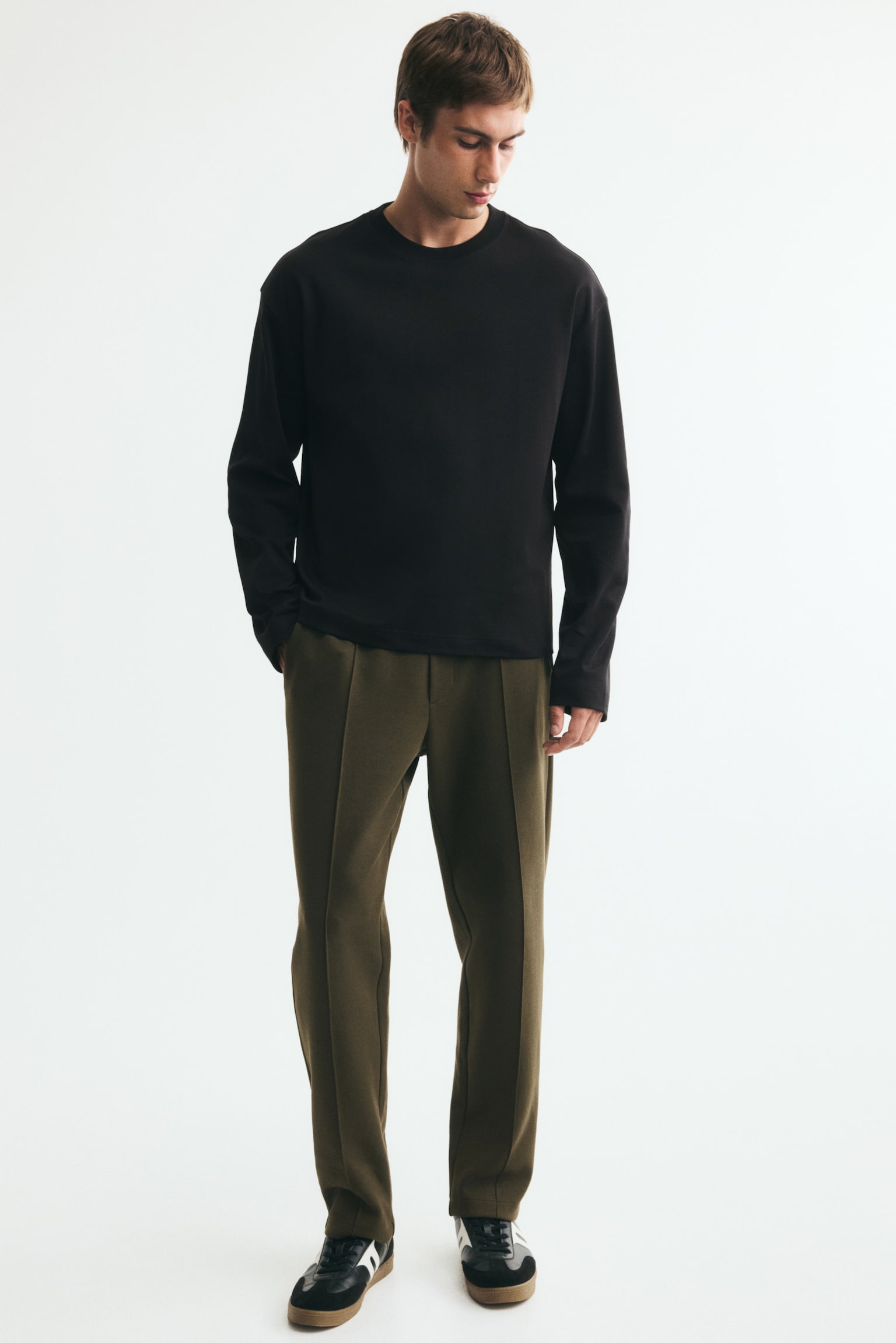 Мужская футболка H&M Relaxed-Fit Long-Sleeved Interlock Cotton, цвет: Чёрный — фото 3