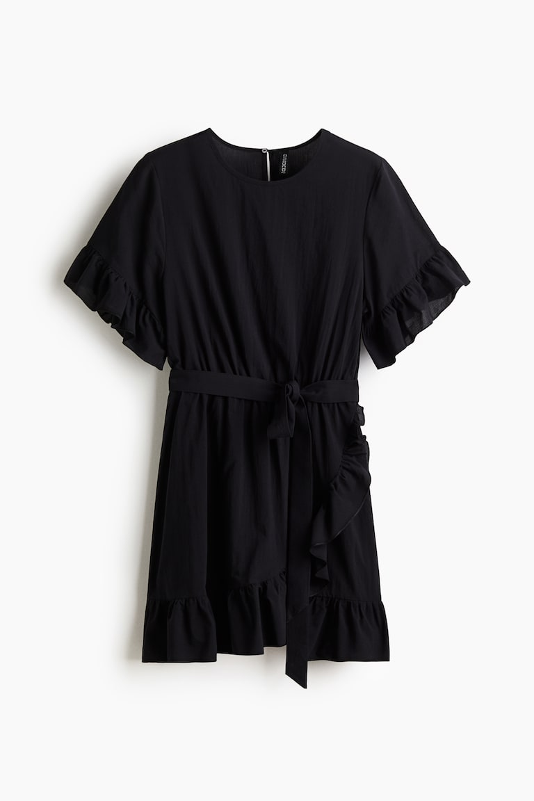 h&m black ruffle dress Women's Ruffle-Trimmed Large opening at the back with frill trims around the edges and a concealed zip below Ladies - Black Knit Dress