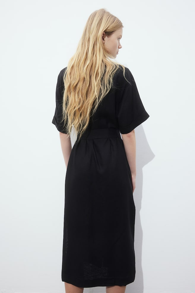 Linen-blend shirt dress - Black/Beige - 6