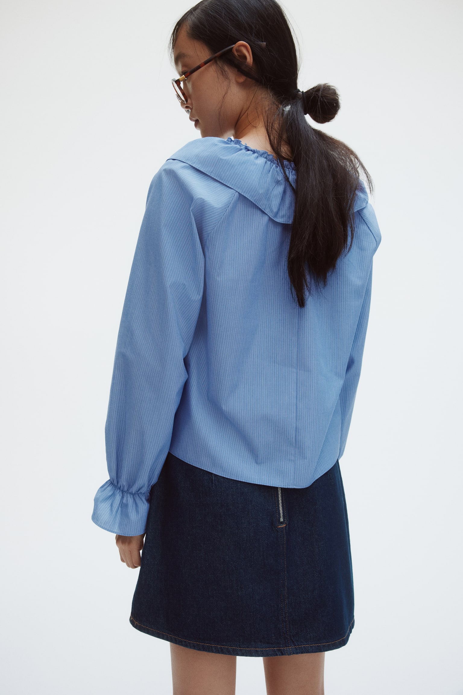 Áo kiểu có cổ Peter Pan - Màu xanh dương/Kẻ - 5