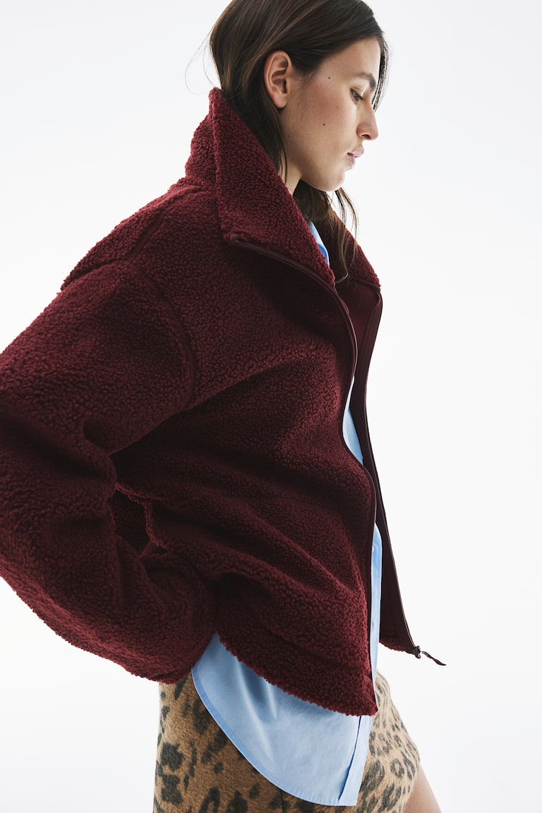 Fur Collar Burgundy Faux Teddy Fur Bomber Jacket Vinyl Faux Fur