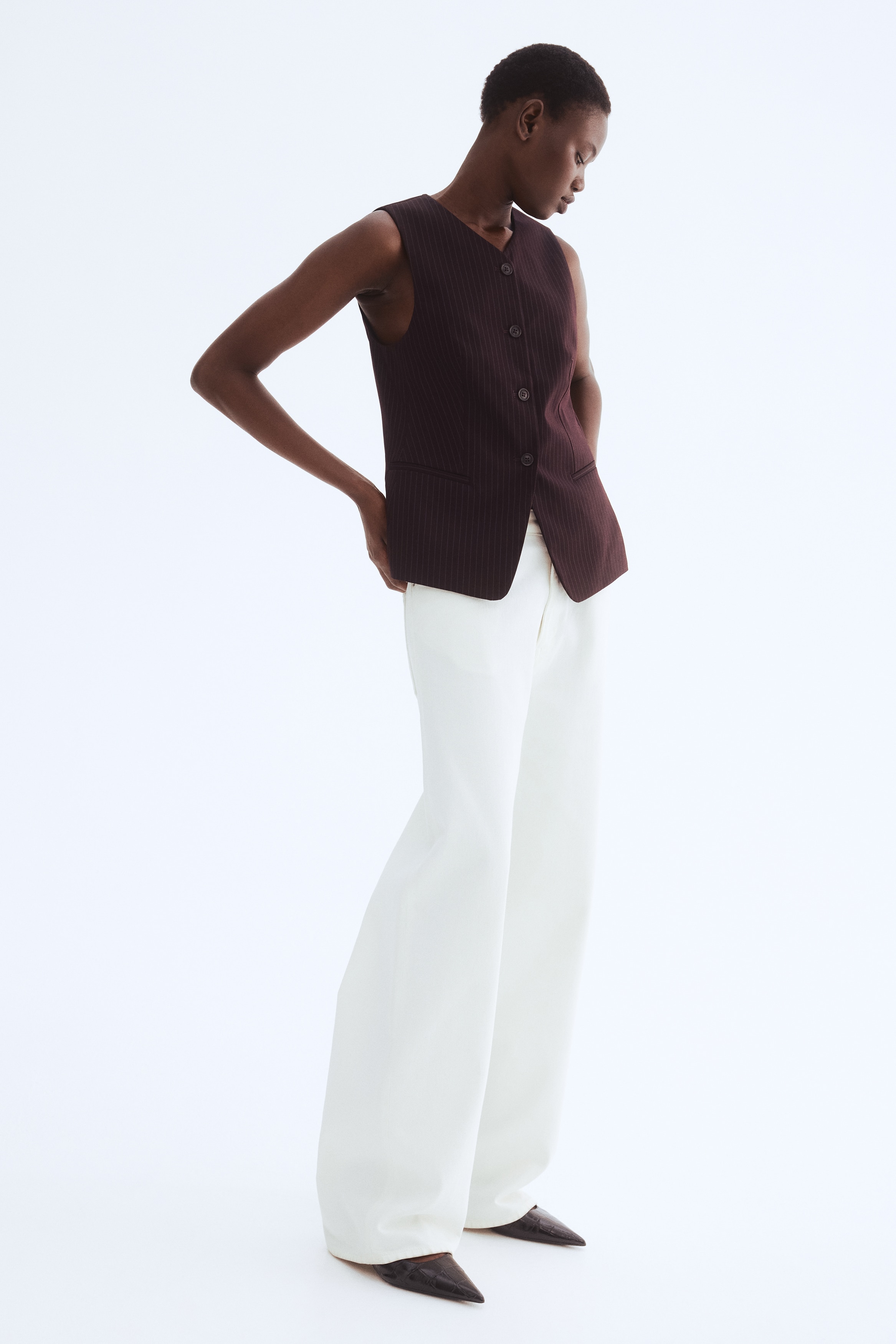 Femme - Gilet sans manches à fermeture droite Violet prune/rayures tennis - Size: 46  - H&M