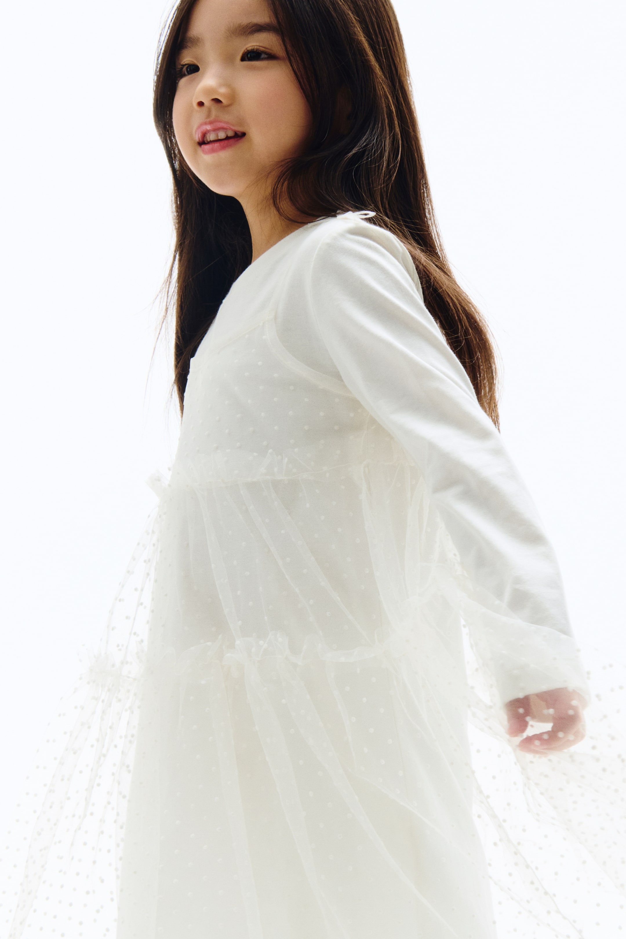 이미지 확대 보기: 롱 슬리브 튤 드레스 - 화이트 - Kids | H&M KR 3