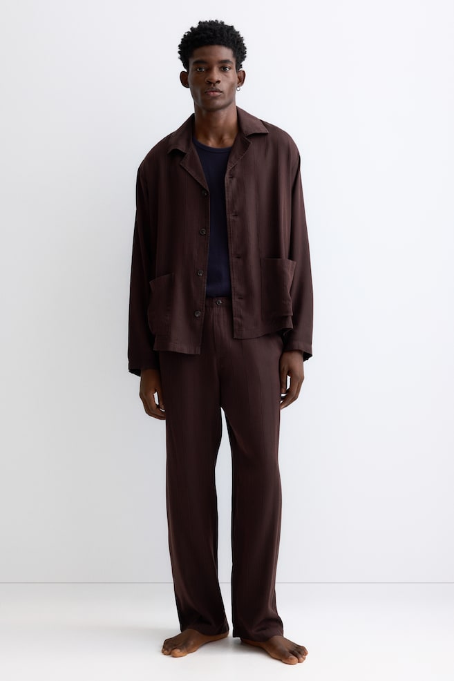 Lyocell pyjama shirt and bottoms - Dark brown/Striped/Navy blue/Striped - 2
