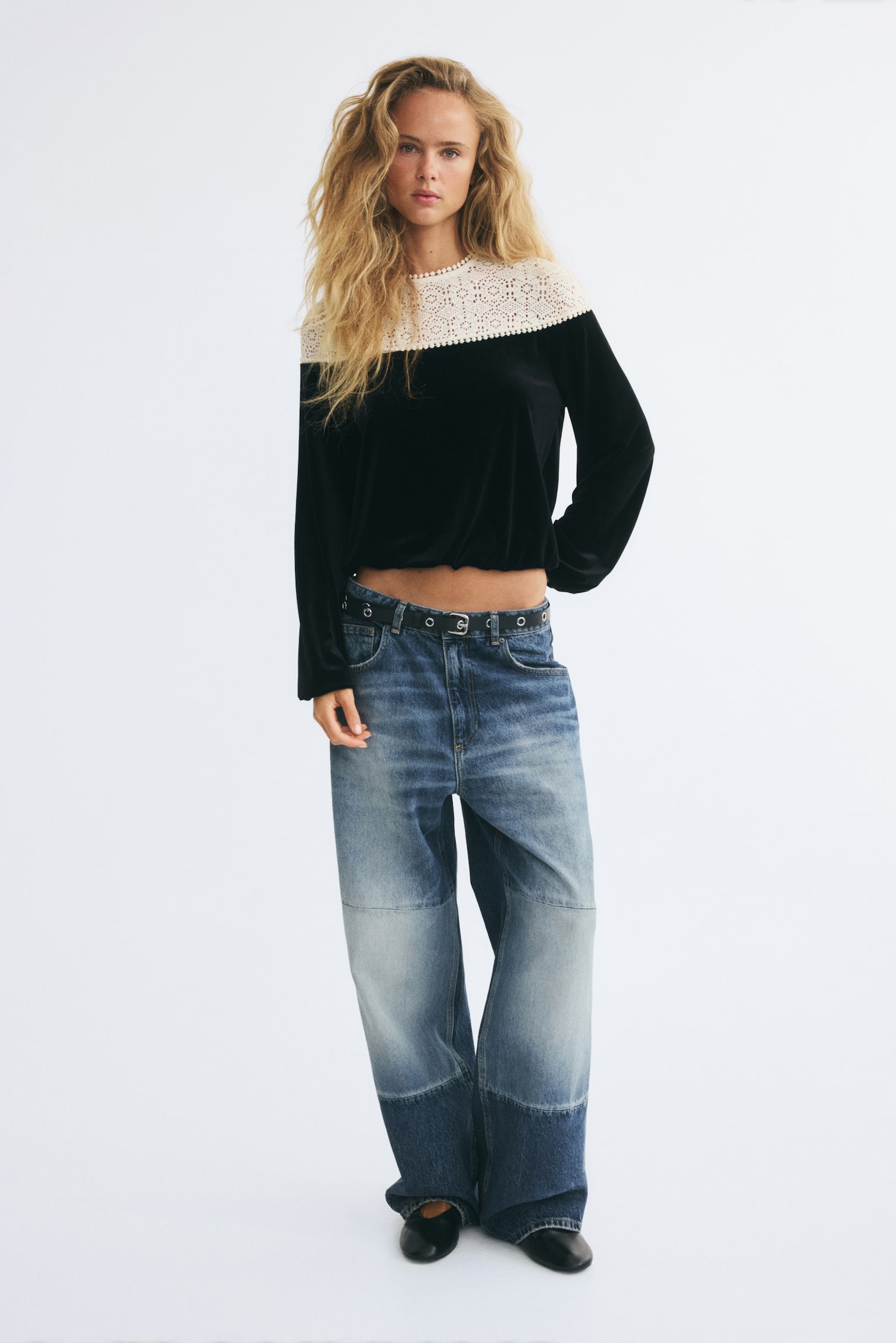Женский топ H&M Dual-Fabric Bubble-Hem Top, цвет: Чёрный — фото 3
