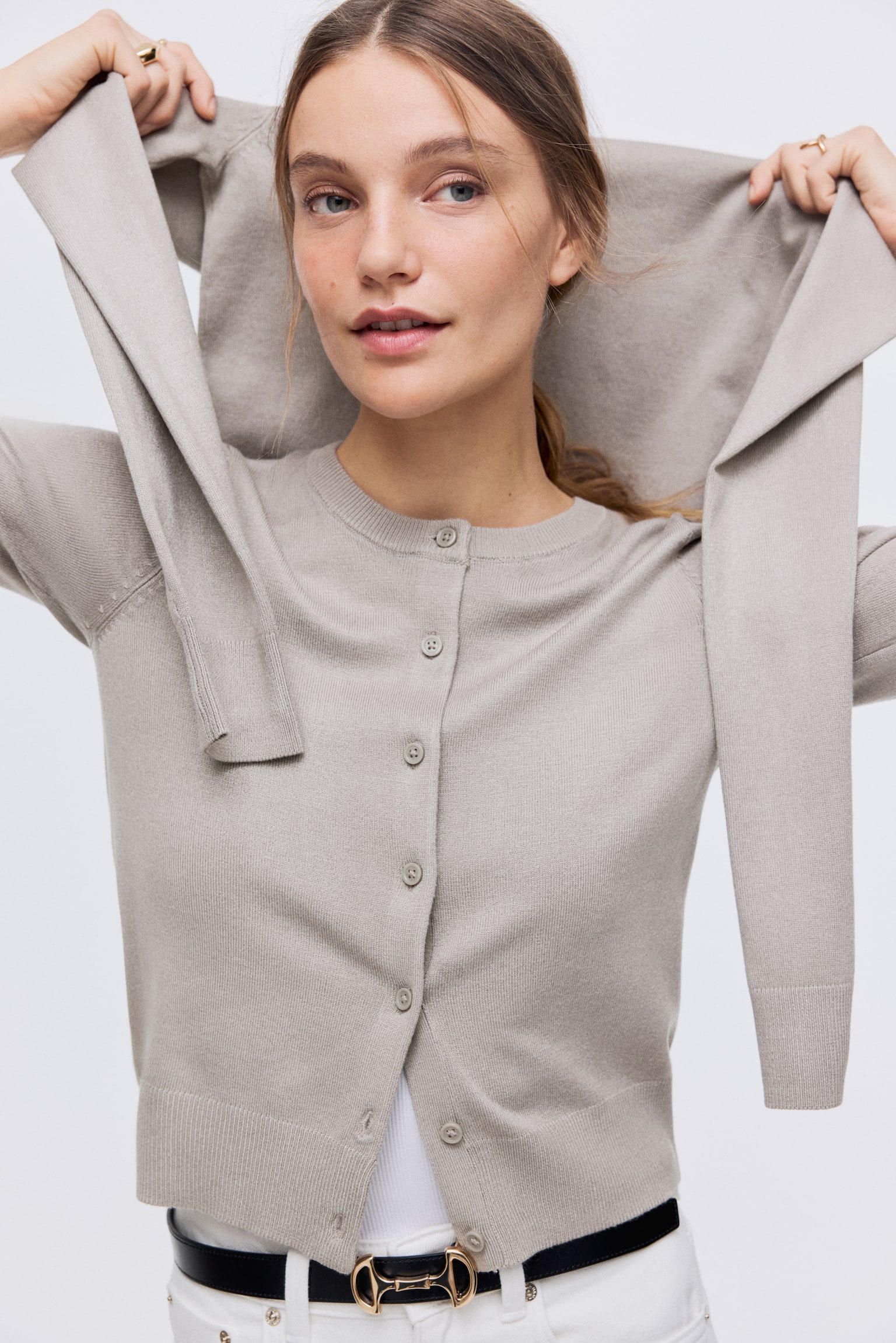 파인니트 가디건 - 라이트 그레이지/블랙/라이트 옐로/라이트 베이지/브라이트 오렌지/크림색/브라운/라이트 카키 그린/화이트/블랙 스트라이프/화이트/스트라이프/블랙/화이트 스트라이프 - 3