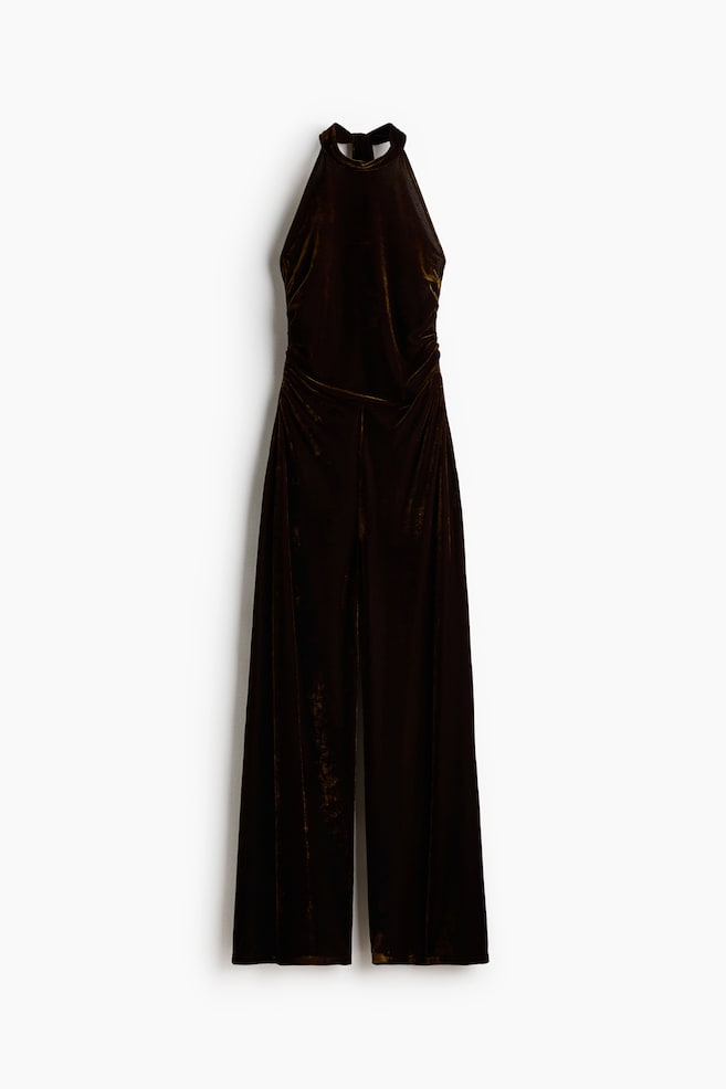 Velour halterneck jumpsuit - Dark golden olive - 1