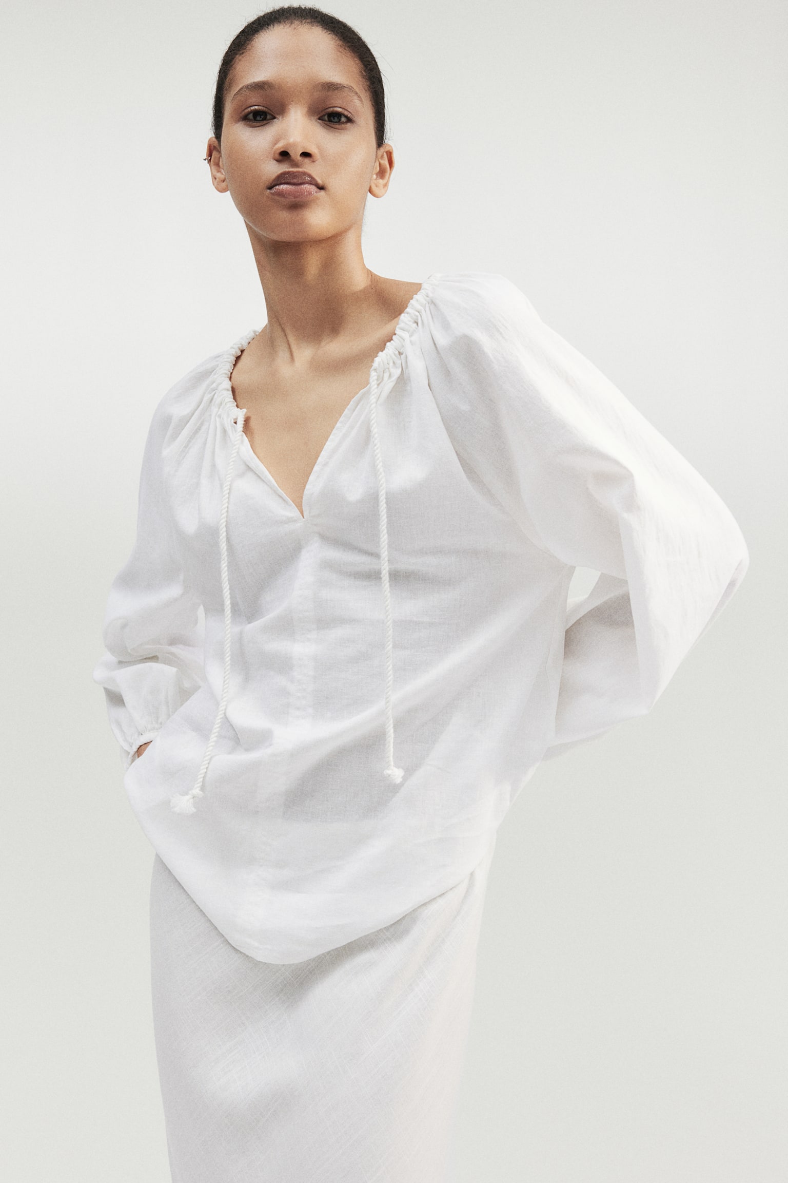 Linen-blend popover blouse - White - 1