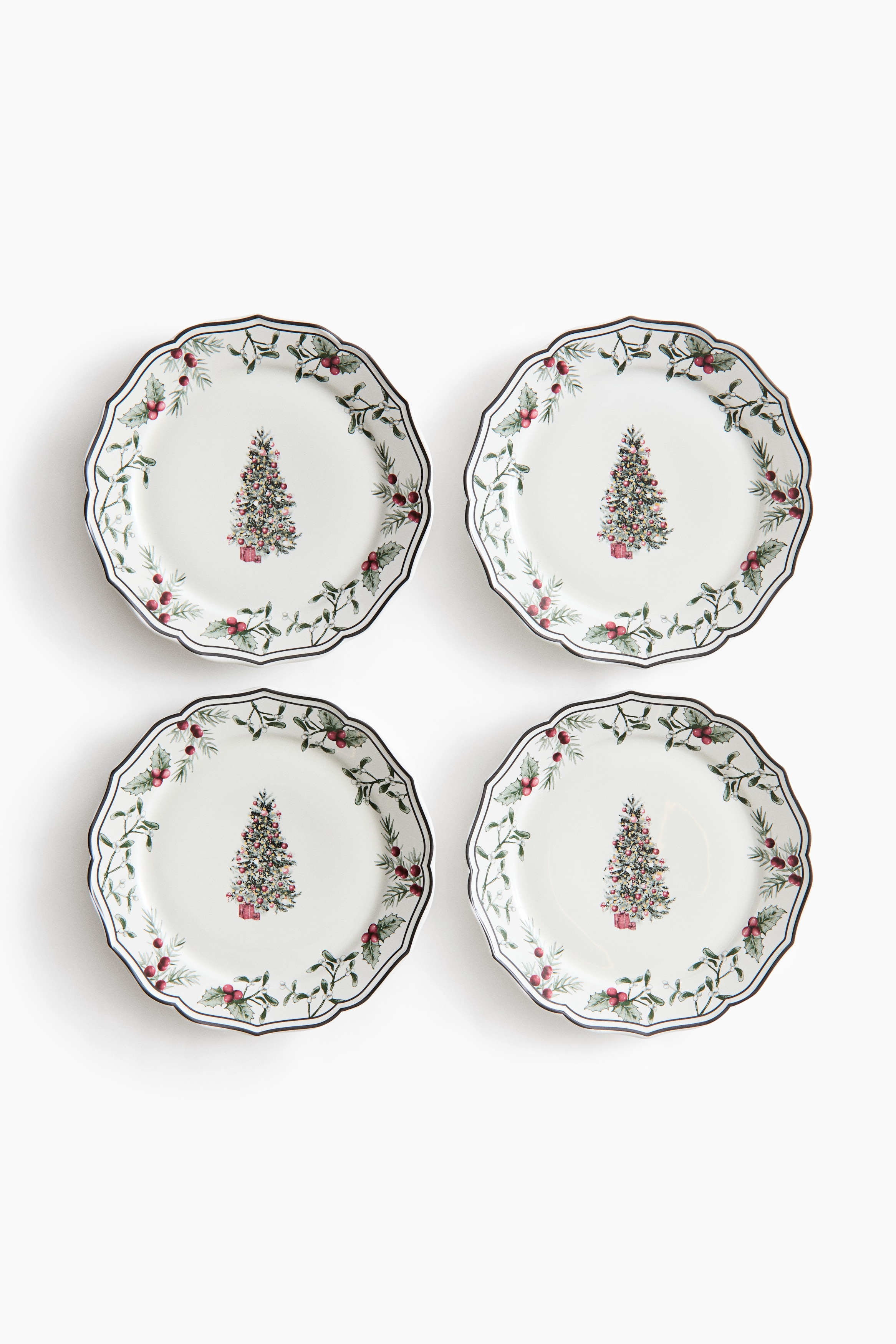 Lot de 4 grandes assiettes imprimées en porcelaine - Blanc/sapins de Noël