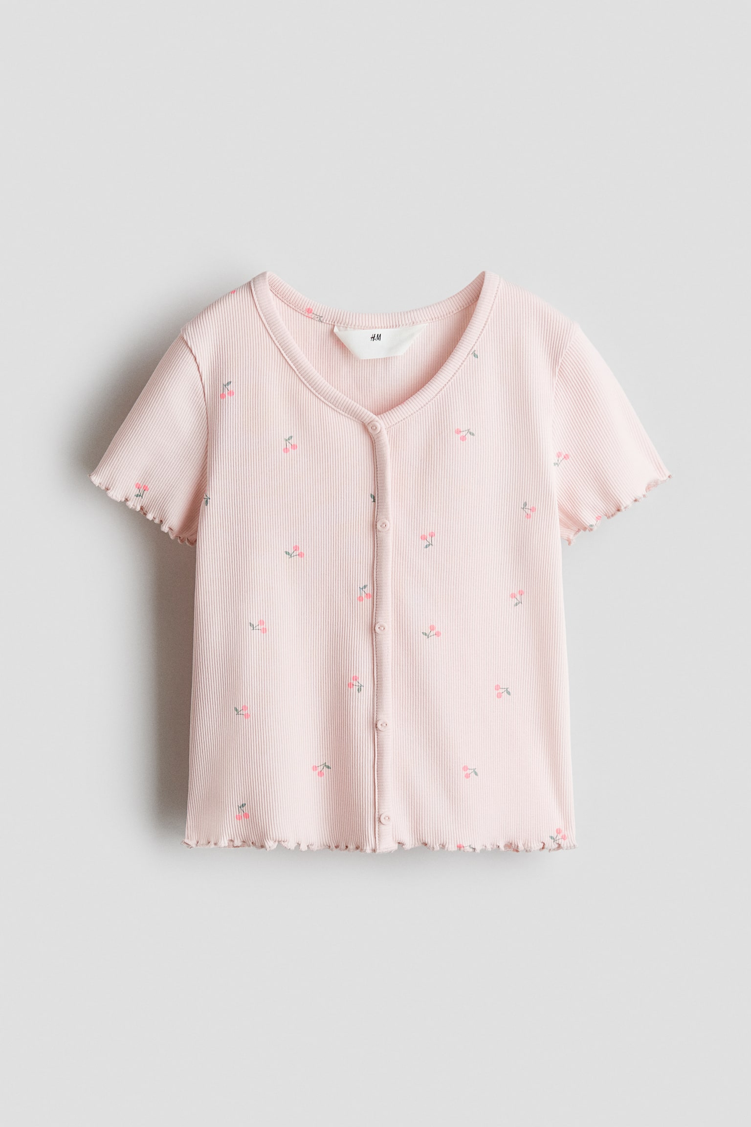 Geripptes Shirt mit Knöpfen - Hellrosa/Kirschen/Blau/Geblümt/Weiß/Rosa geblümt