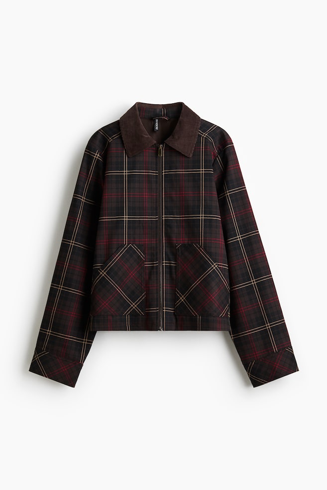 Corduroy-collar twill jacket - Dark brown/Checked - 1