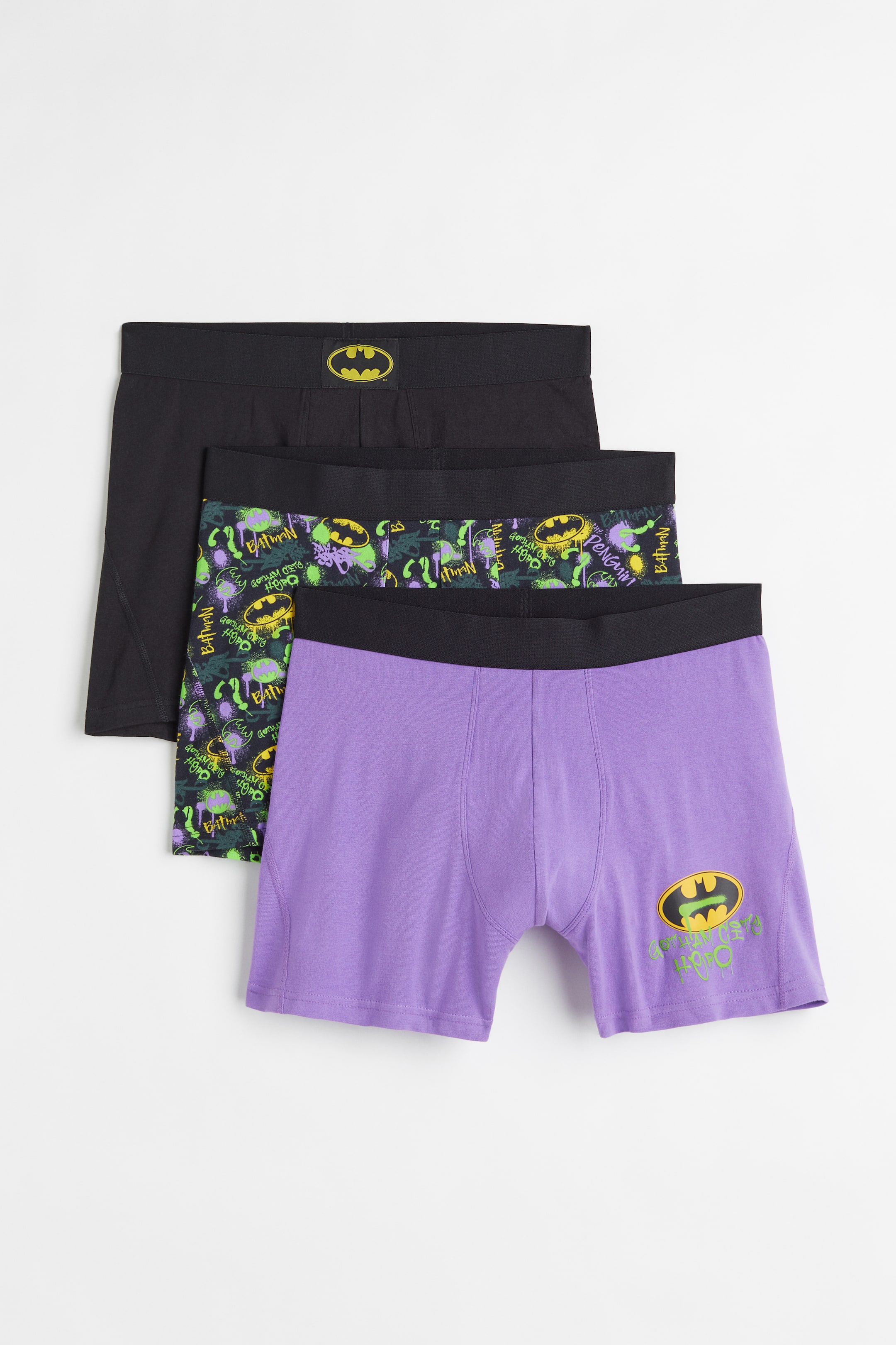 View larger image: 3-pack mid trunks with Lycra® - Purple/Batman - Men | H&M MY 1