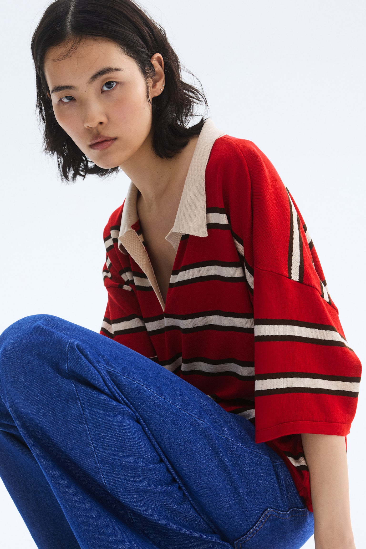 Oversized fine-knit polo shirt - Red/Striped - 1