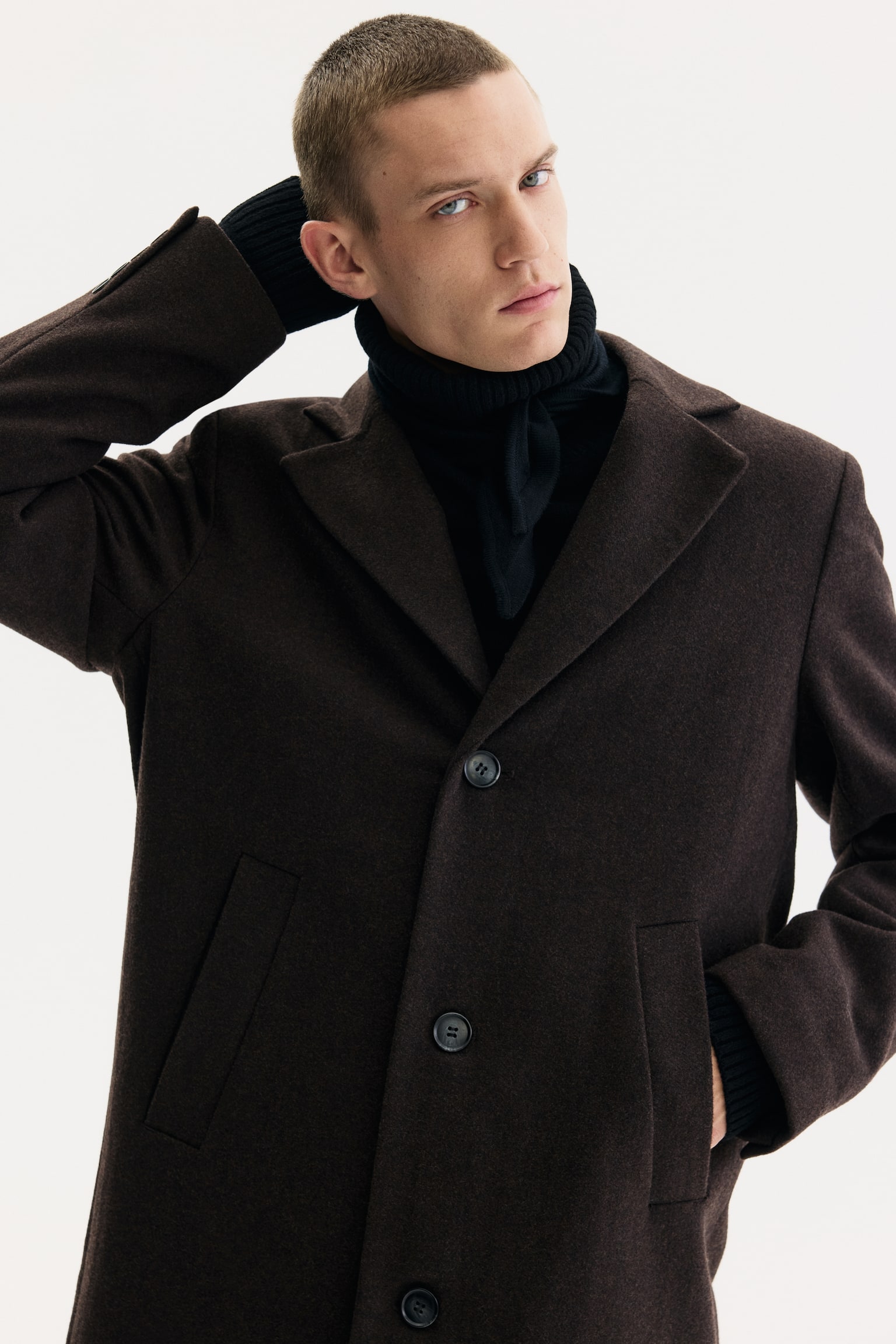 Single-breasted wool-blend coat - Dark brown/Black - 7