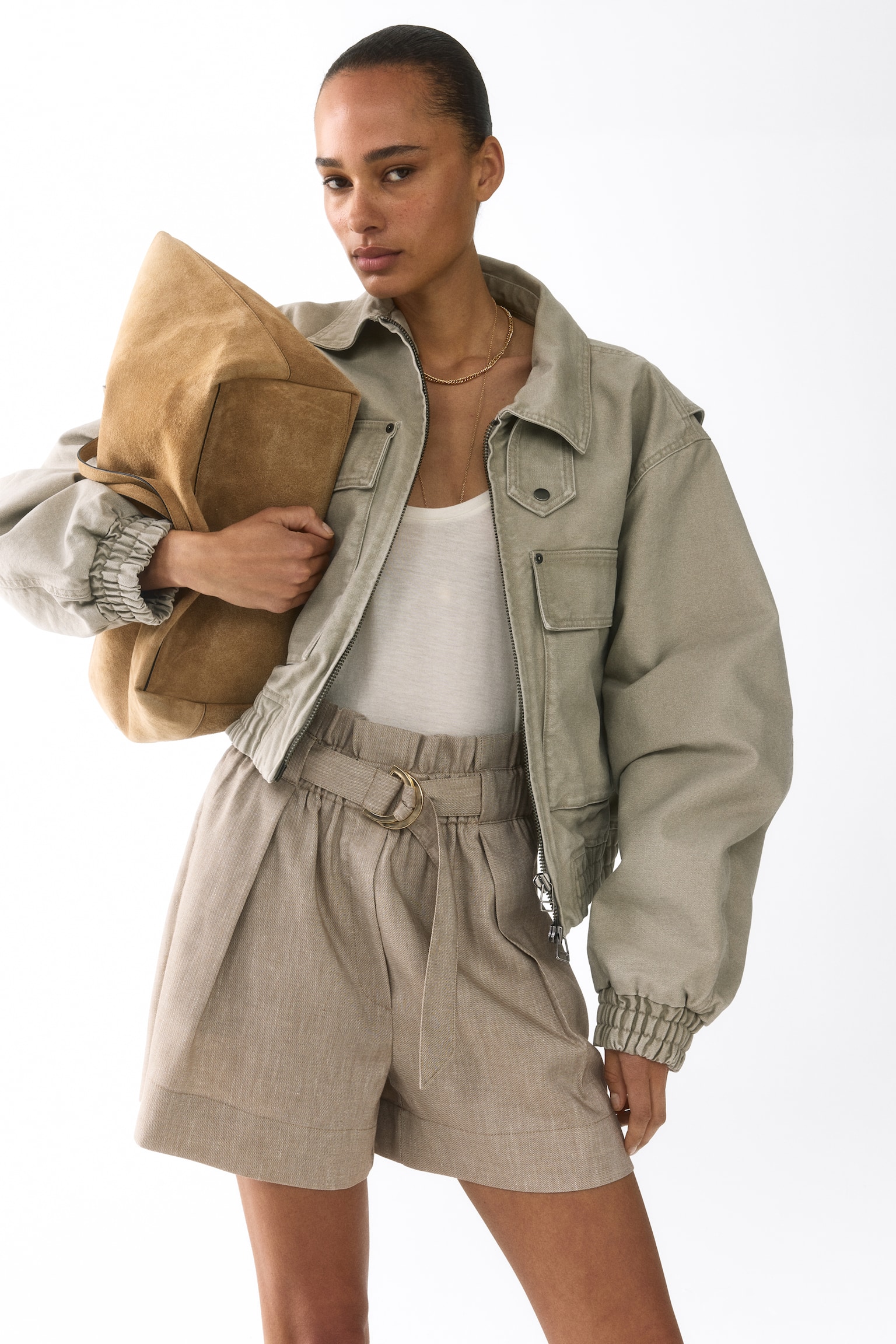 Женские шорты H&M Paper Bag Shorts with Belt, цвет: Светлый серо-коричневый — фото 4