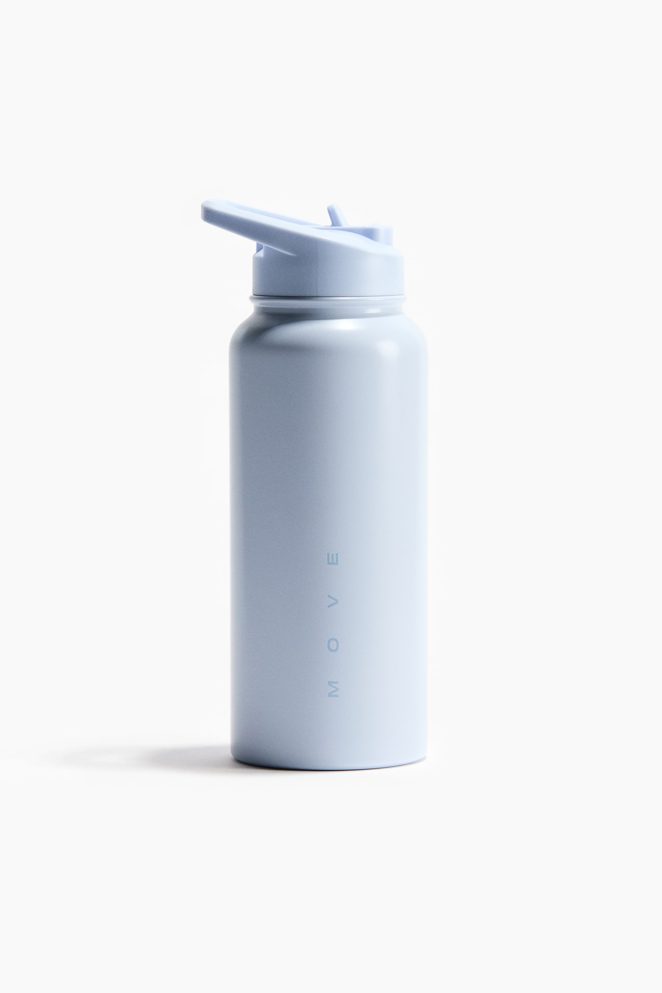 View larger image: A light blue water bottle with a matte finish is positioned facing forward. It features a matching lid with an integrated, upright straw spout, a loop handle, and the word 'MOVE' printed vertically on its front.