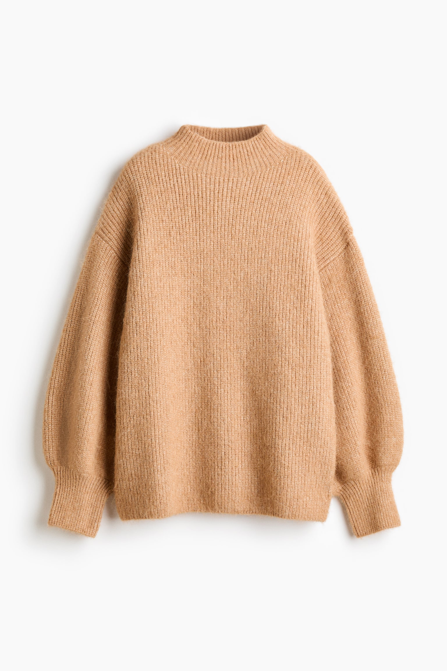 Pull en maille côtelée avec col cheminée - Beige