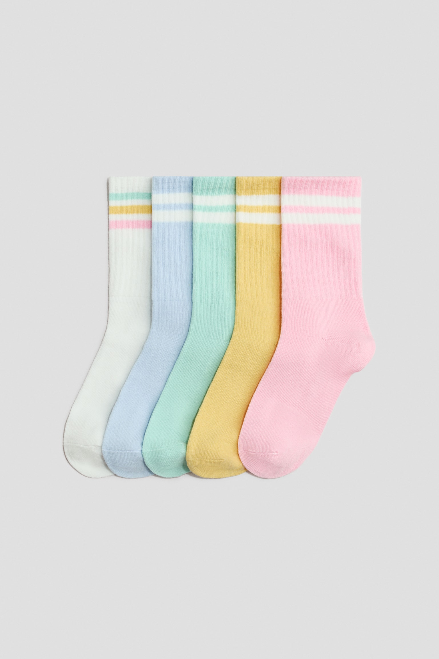 Комплект от 5 чифта чорапи - Розов/Ментовозелен/Светлорозов/Светлосин/Виолетов/Бял/Лилав/Райета/Светлорозов/Сърца/Розов/Бежов меланж/Кремав/Бял/Цветя/Морскосин/Панделки