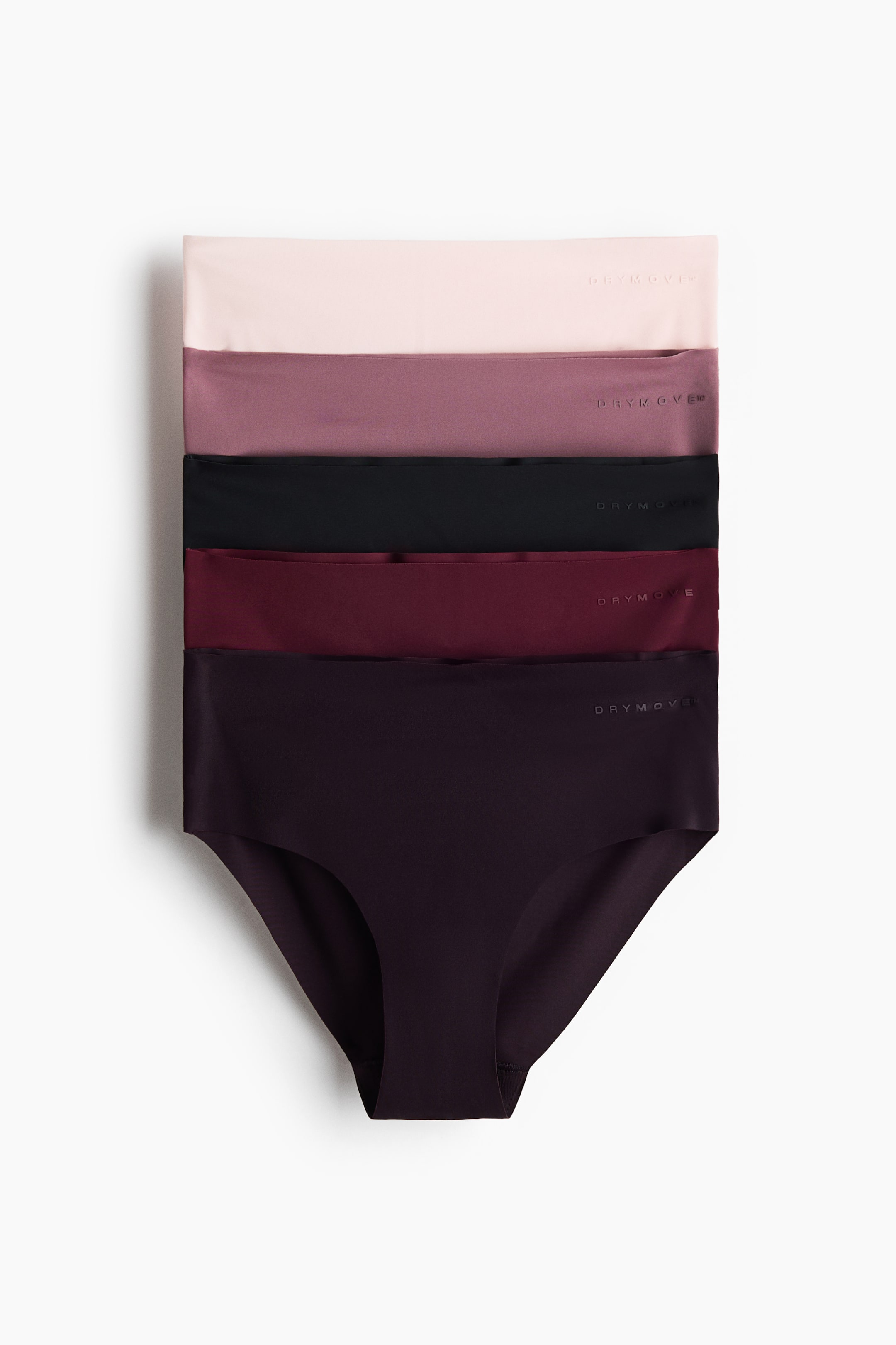 Grotere afbeelding bekijken: Vijf paar dames slips met hoge taille zijn verticaal gestapeld, plat neergelegd en naar voren gericht. Elke slip heeft een naadloos design, is uitgevoerd in een effen kleur—lichtroze, mauve, zwart, bordeaux en donkerpaars—en heeft de branding "DRYMOVE" subtiel in reliëf op de tailleband.
