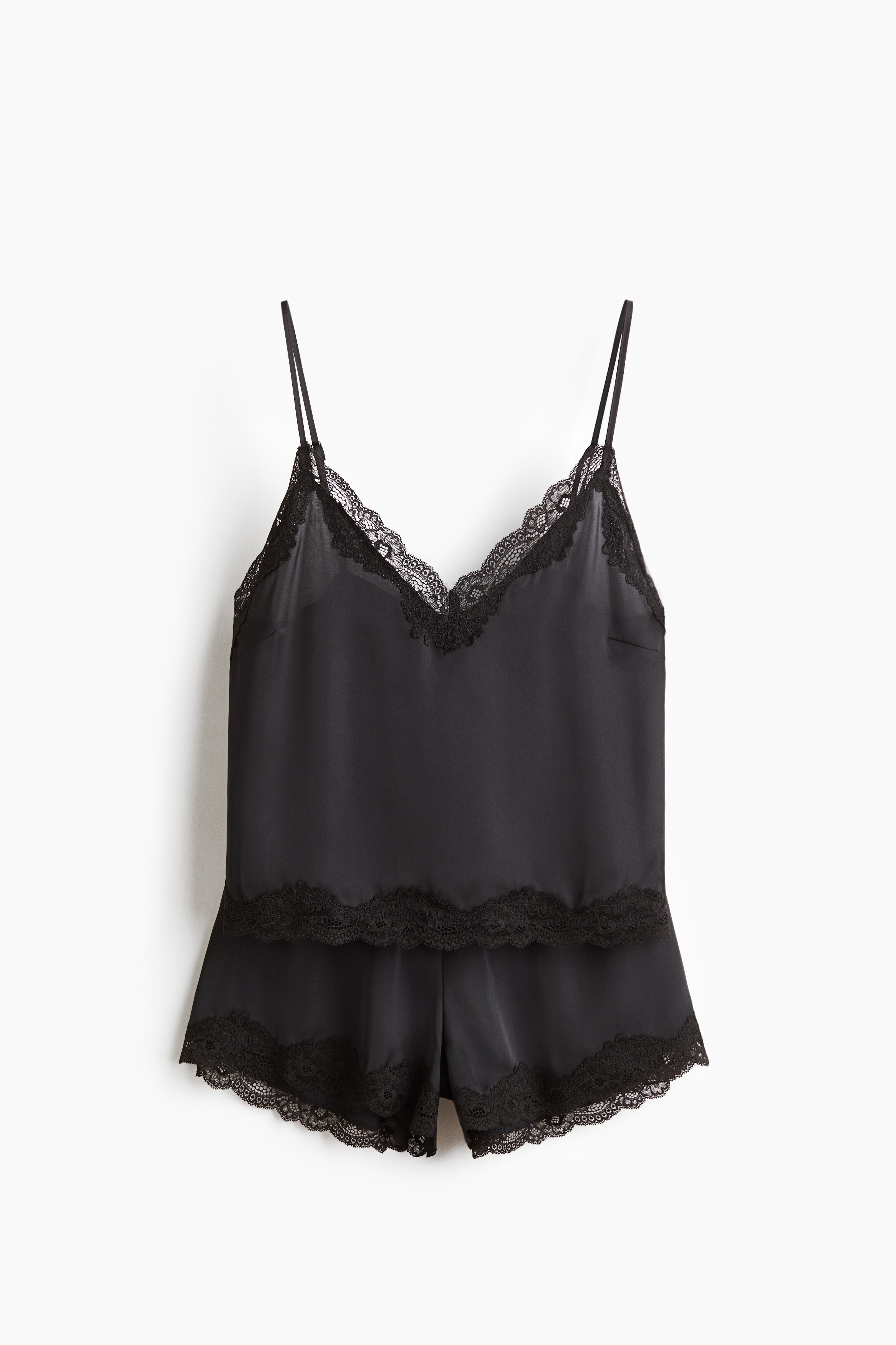 Lace-trimmed satin pyjamas - Black/Dark dusty pink/Light blue