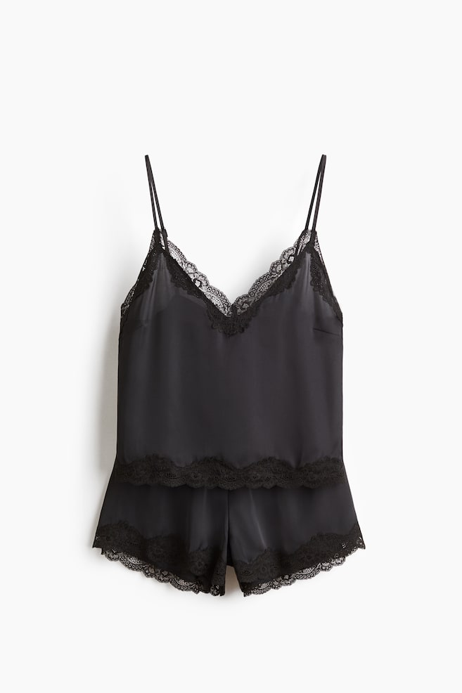 Lace-Trimmed Satin Pajamas - Black/Light taupe/Dark pink/Light pink/Black - 1