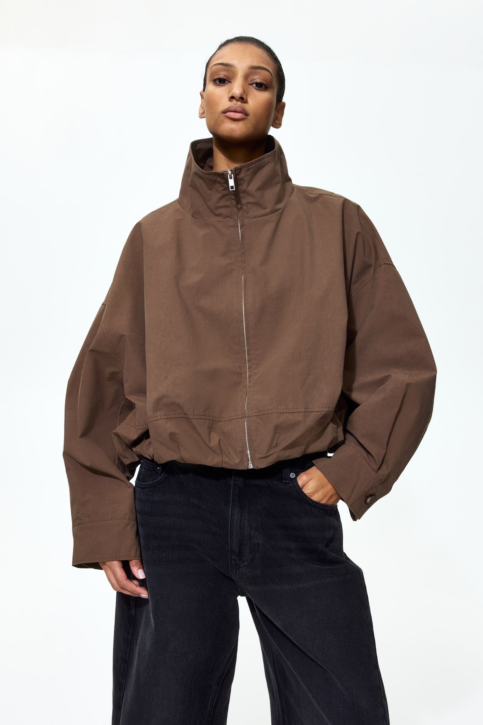 Bubble-hem cotton jacket - Brown - 7