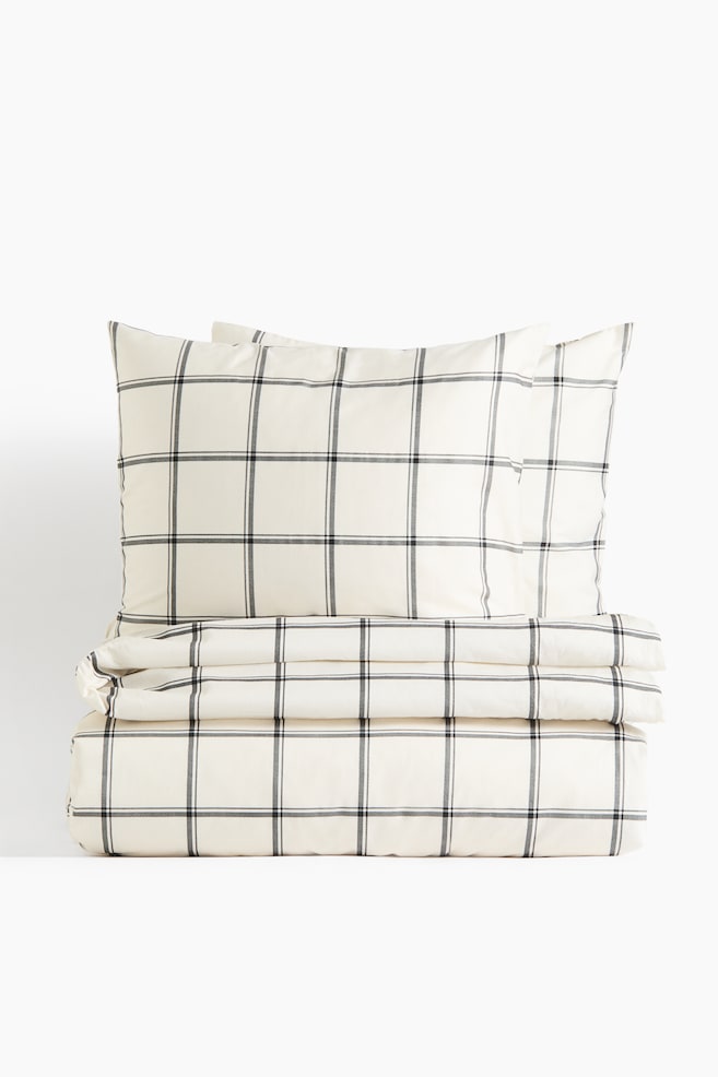 Cotton Sateen King/Queen Duvet Cover Set - Cream/checked/Light taupe/checked - 1