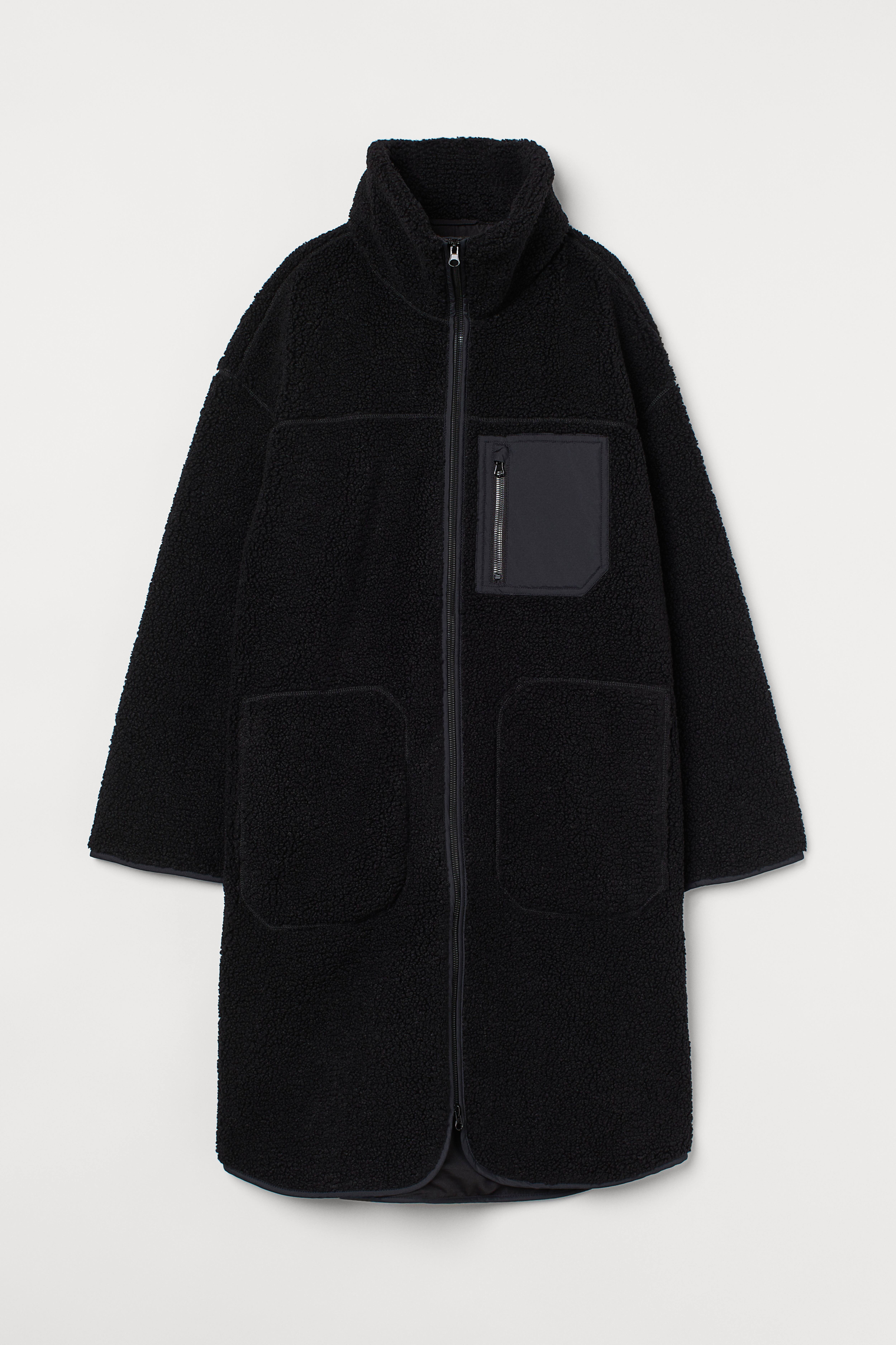 H&m black pile coat on sale