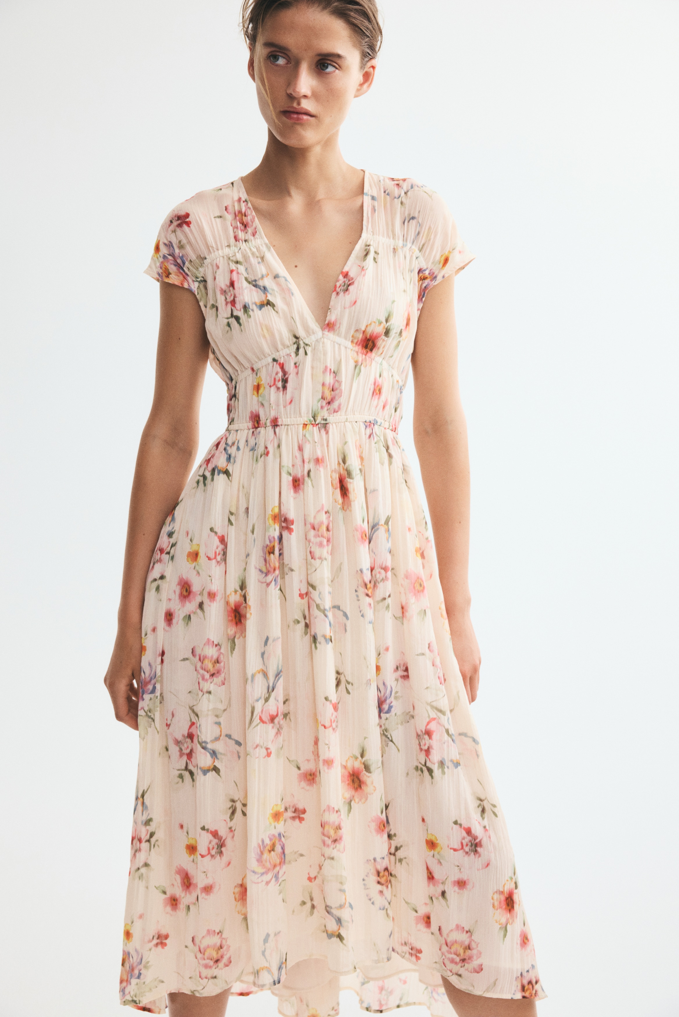 Ruched Cap-Sleeved DressModel