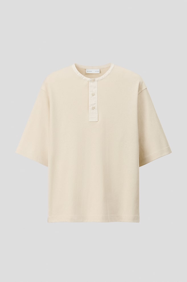 Loose Fit Linen Blend Henley Top - Light beige/Dark brown - 1